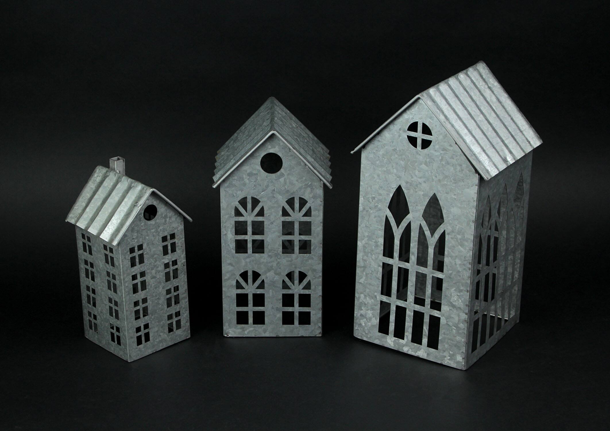 Alt View 5. Zeckos - Set of 3 Country Farmhouse Galvanized Metal House Shaped Candle Holders - Silver.