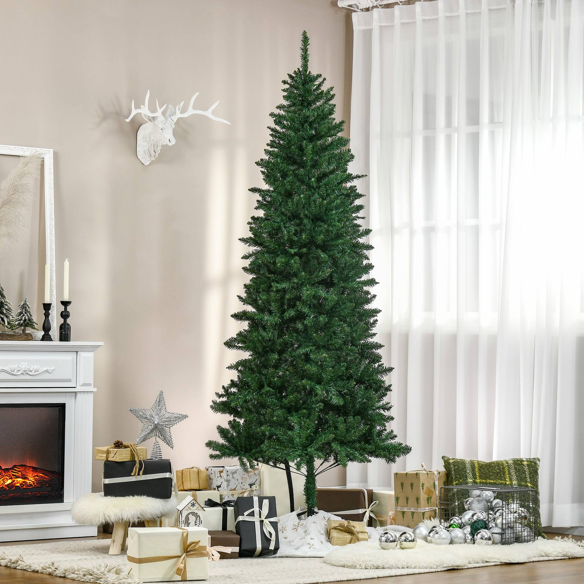 Angle. BreeBe - 7 ft Tall Unlit Slim Fir Artificial Christmas Tree with Realistic Branches - Green.