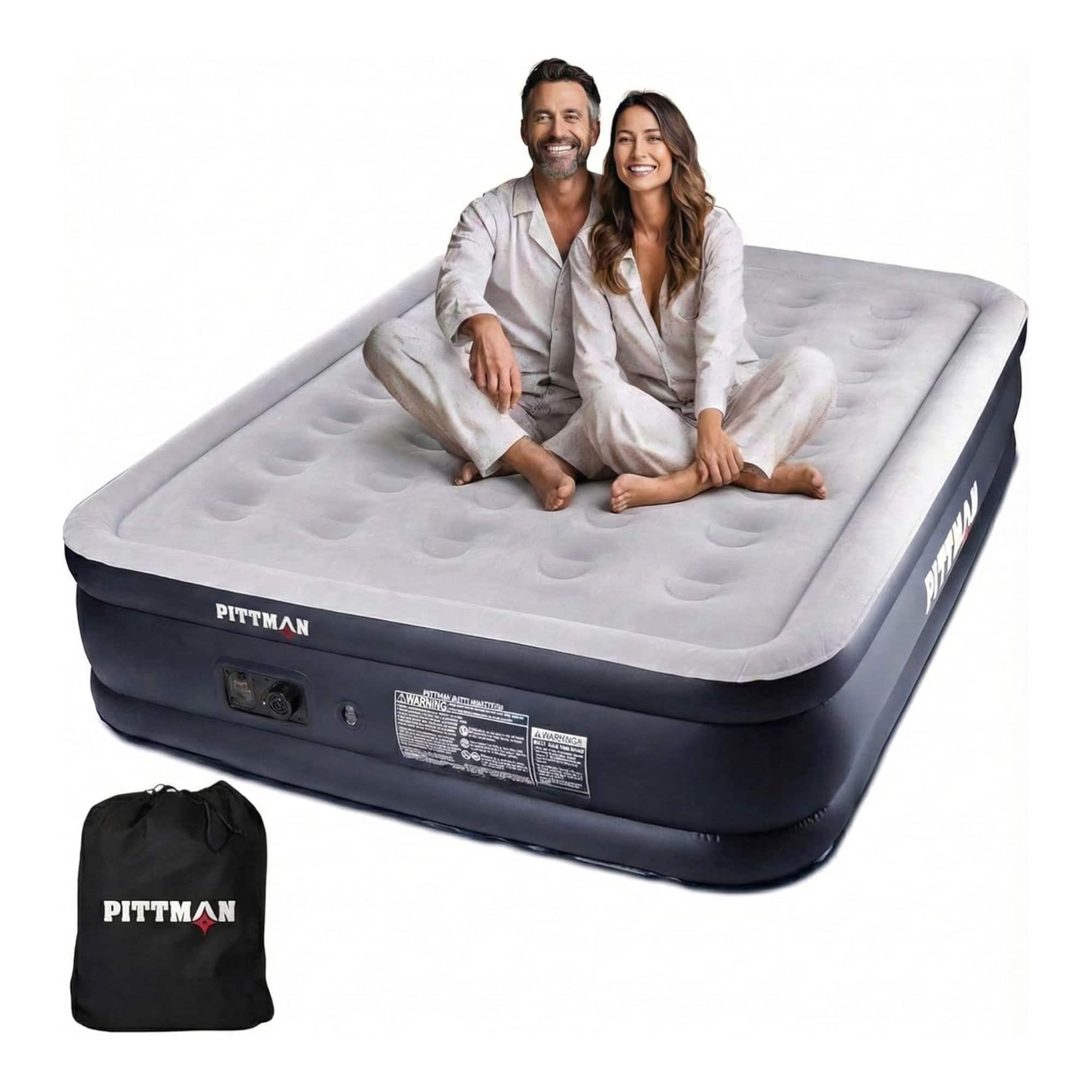 Pittman Outdoors - Double High Air Mattress with Built-In Electric Pump, Queen - Black