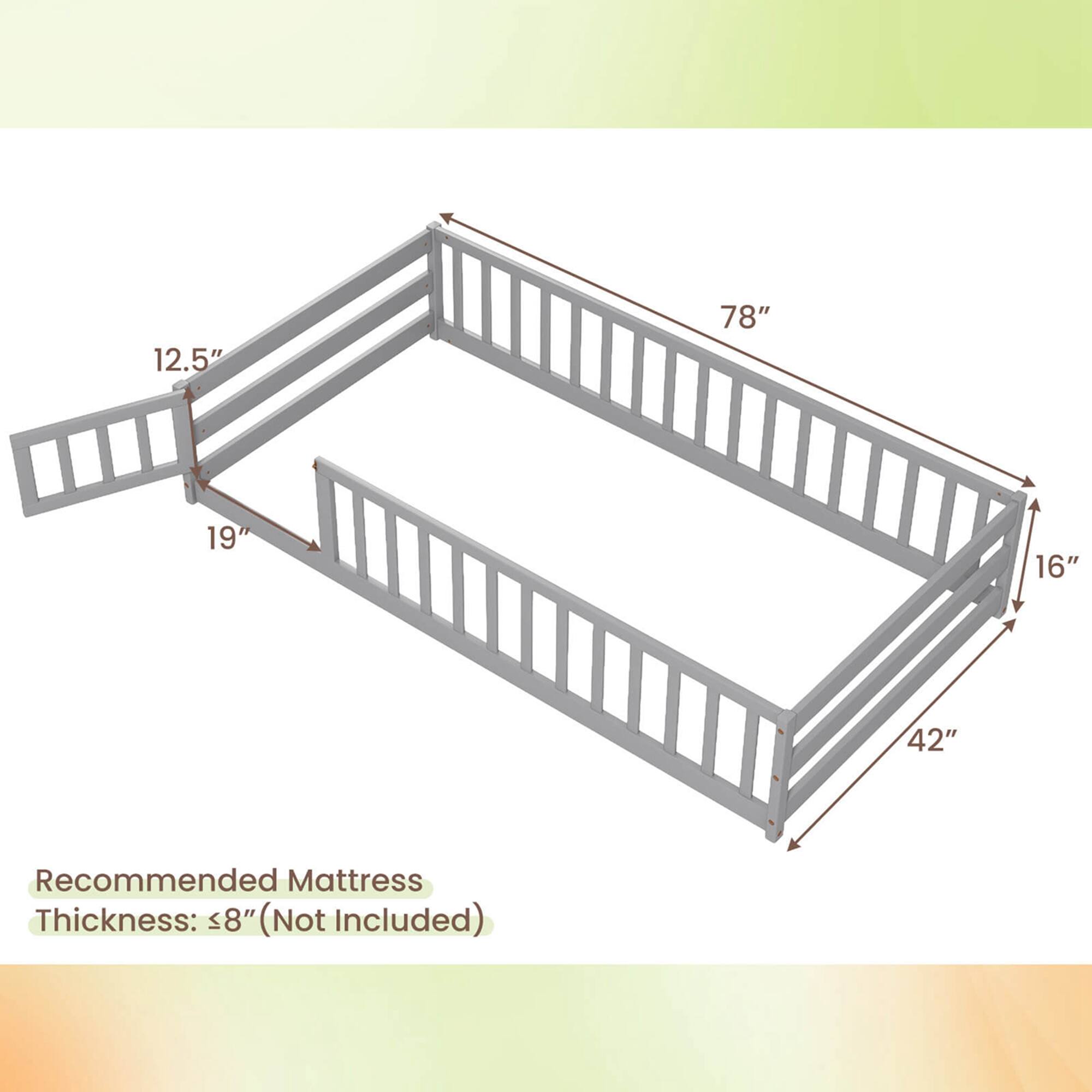 The text on the image reads: "12.5" 78" 19" 16" 42" Recommended Mattress Thickness: <8" (Not Included)". This information is related to a mattress, providing dimensions and a recommended thickness.
