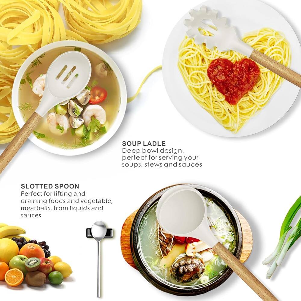 **SOUP LADLE**  
Deep bowl design, perfect for serving your soups, stews and sauces

**SLOTTED SPOON**  
Perfect for lifting and draining foods and vegetables, meatballs, from liquids and sauces
