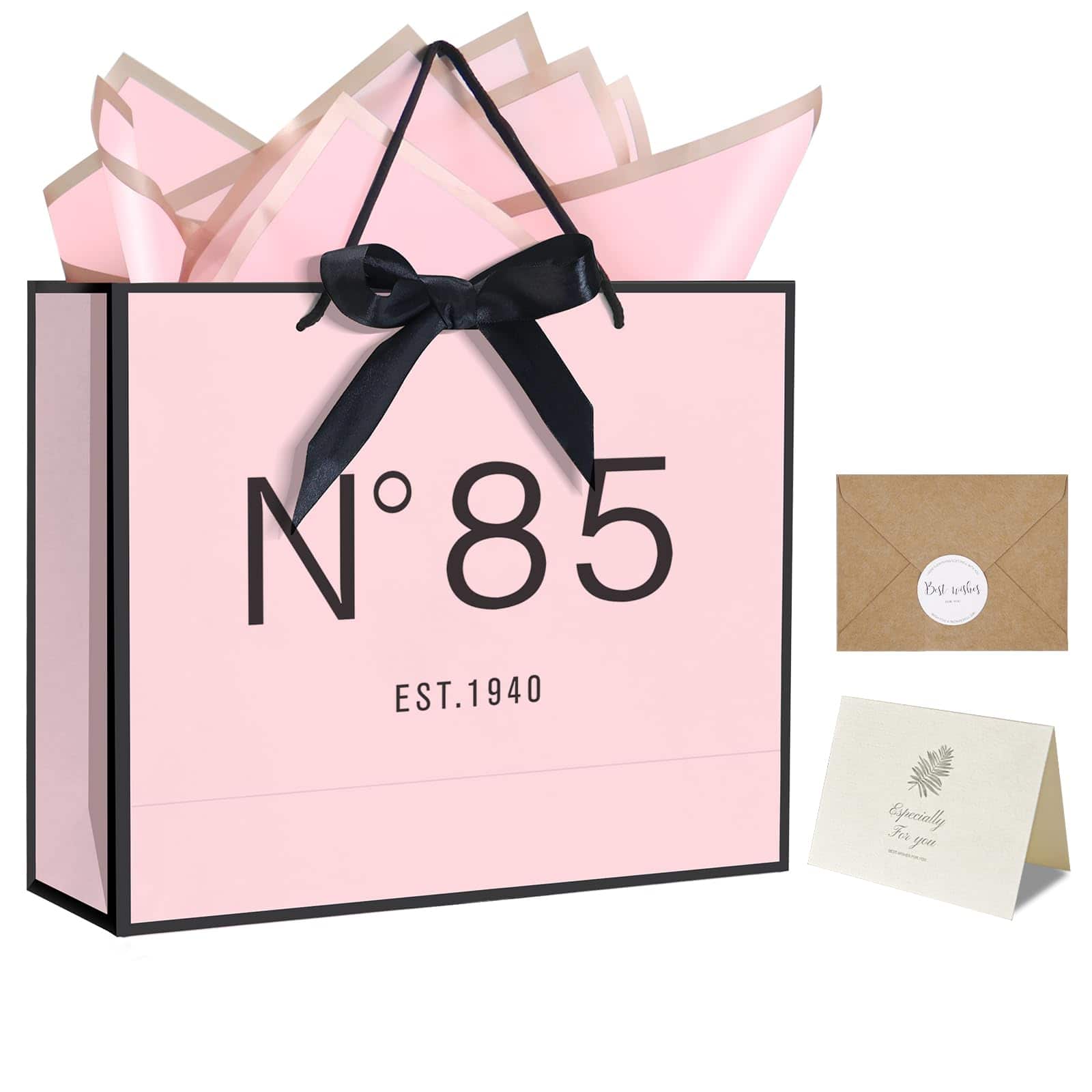 Paradigms Interiors - 75th Birthday Gift Bag With Card Envelope Sticker Bow Ribbon And Tissue Papers For Women 1950 13" 75th - EST.1940 85th-13"W x 10.5"H x 4.3"D