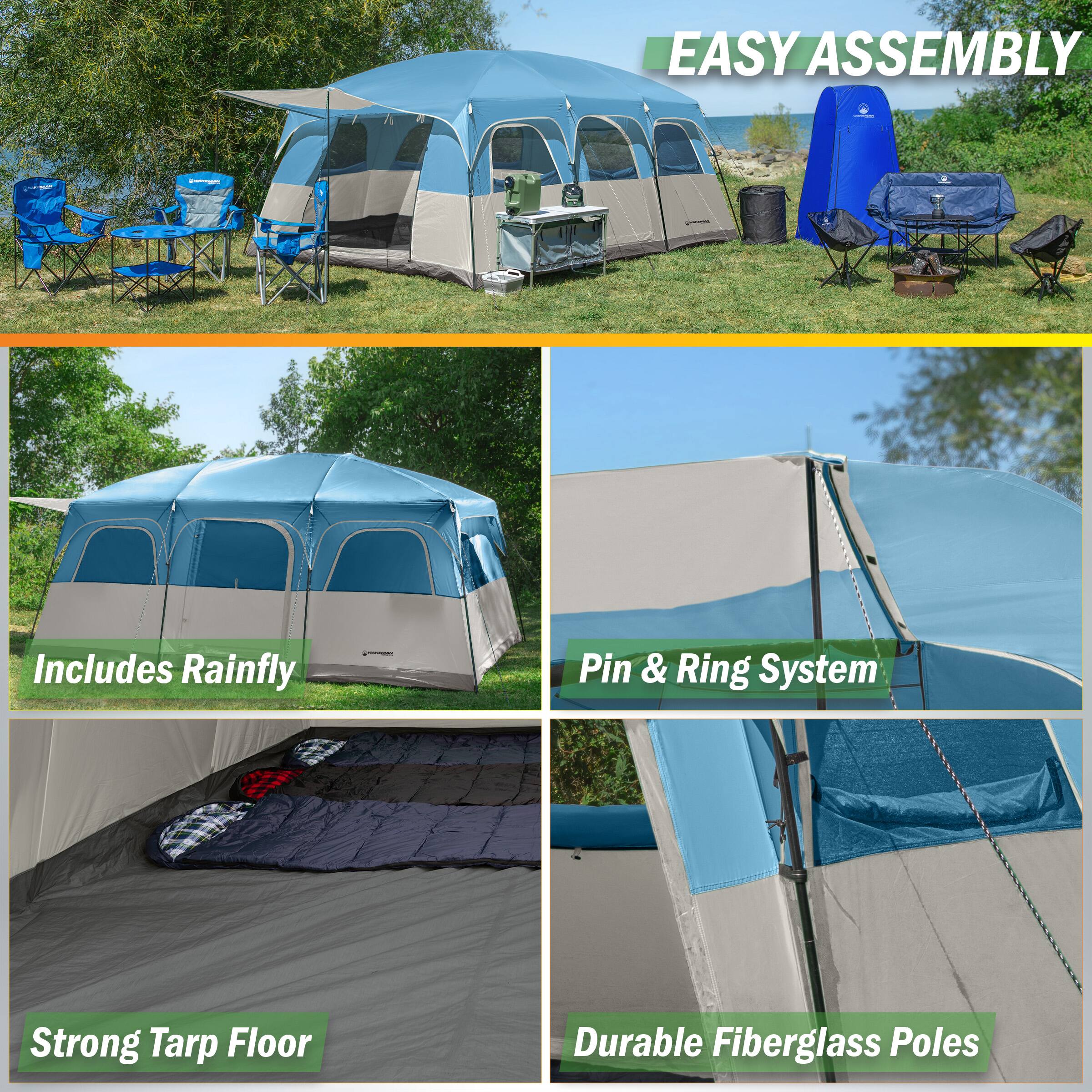 - EASY ASSEMBLY
- Includes Rainfly
- Pin & Ring System
- Strong Tarp Floor
- Durable Fiberglass Poles