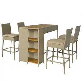 Outsunny - Piece Wicker Outdoor Bar Set, Acacia Wood Outdoor High Top Table and Chairs with 3 Tier Shelves - Brown