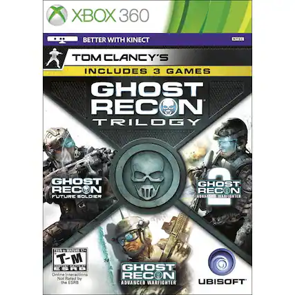 XBOX 360 BETTER WITH KINECT NTSC TOM CLANCY'S INCLUDES 3 GAMES GHOST RECON TRILLOGY GHOST RECON FUTURE SOLDIER GHOST RECON ADVANCED WARFIGHTER TEEN to MATURE 17+ T-M MONTEN PATERIL ESRB Online Interactions Not Rated by the ESRB GHOST RECON ADVANCED WARFIGHTER UBISOFT - M (Mature 17+)