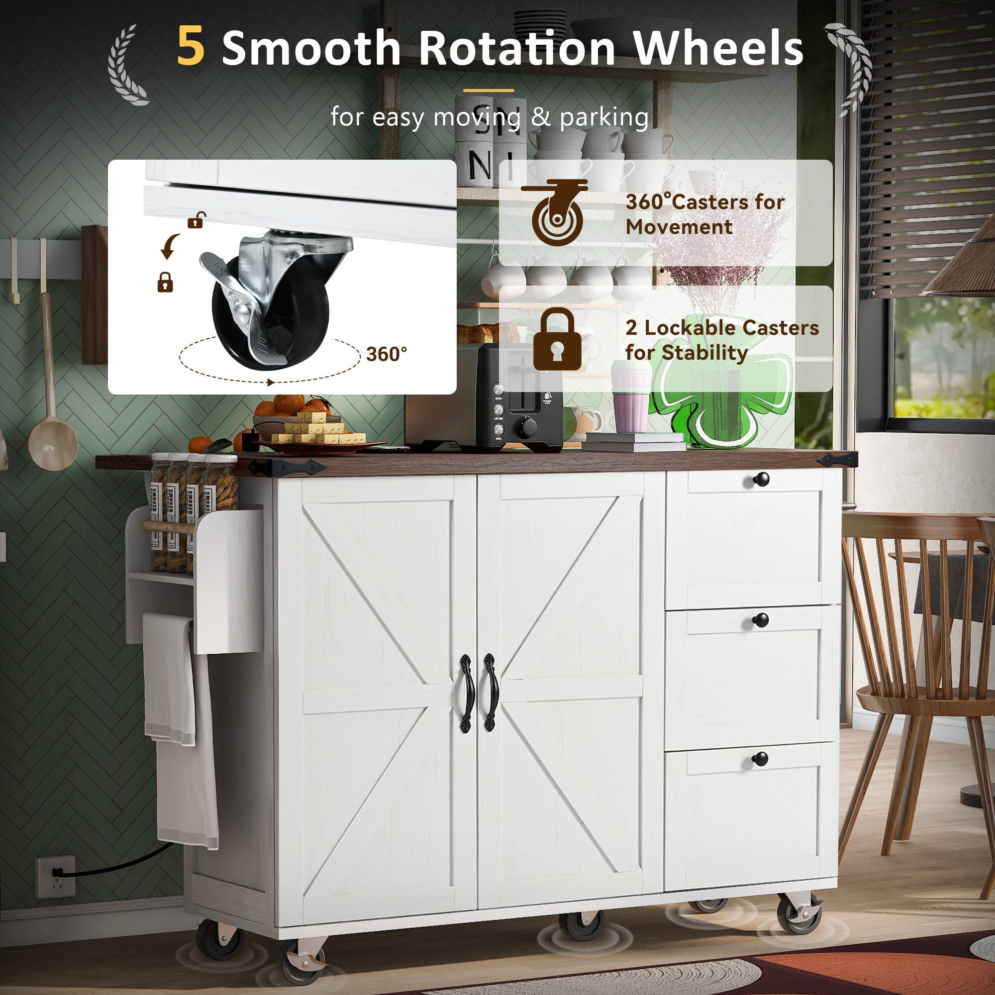 5 Smooth Rotation Wheels for easy moving & parking

- 360° Casters for Movement
- 2 Lockable Casters for Stability