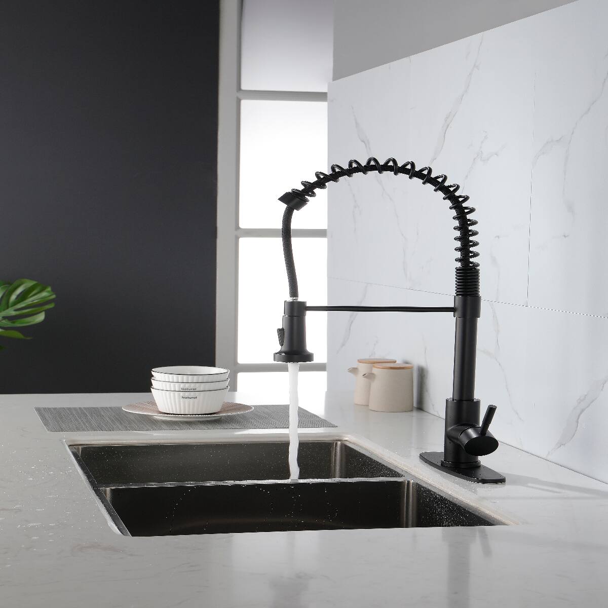 Alt View 2. Ropilly - Ropilly Spring Kitchen Faucet with Pull Out Sprayer, Matte Black Stainless Steel Single Handle Single Hole Faucet - Matte Black.