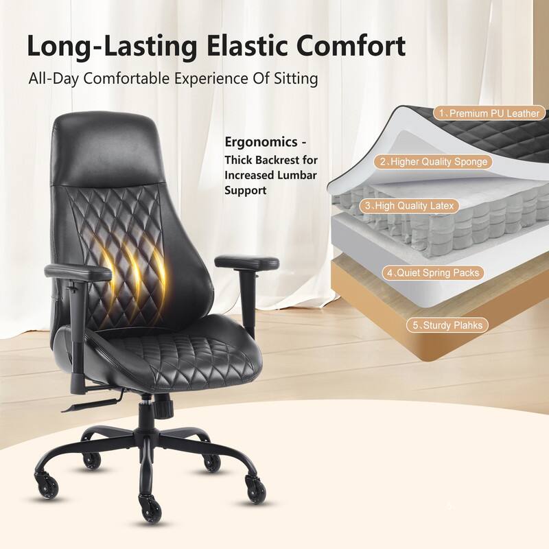 Long-Lasting Elastic Comfort  
All-Day Comfortable Experience Of Sitting  

1. Premium PU Leather  
2. Higher Quality Sponge  
3. High Quality Latex  
4. Quiet Spring Packs  
5. Sturdy Plahks  

Ergonomics - Thick Backrest for Increased Lumbar Support