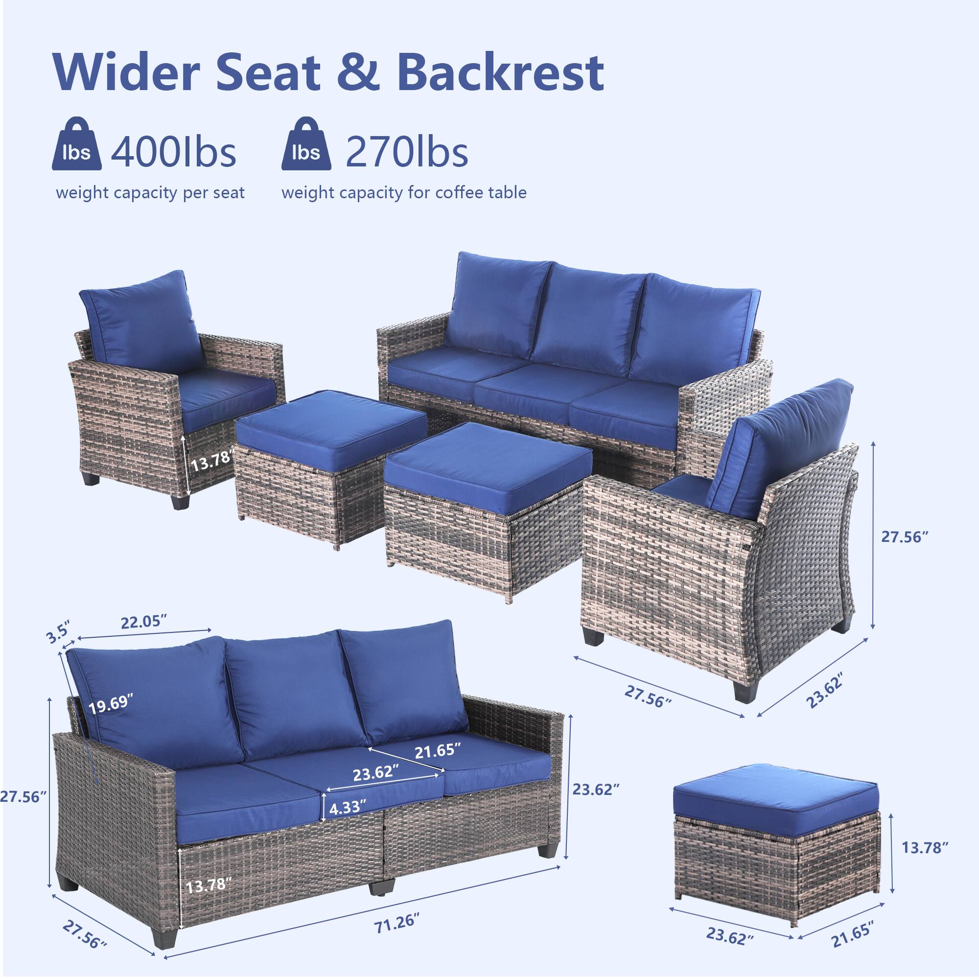 Wider Seat & Backrest

- lbs 400lbs: weight capacity per seat
- lbs 270lbs: weight capacity for coffee table

Dimensions:
- 13.78"
- 27.56"
- 22.05"
- 3.5"
- 19.69"
- 27.56"
- 23.62"
- 27.56"
- 21.65"
- 23.62"
- 4.33"
- 23.62"
- 13.78"
- 27.56"
- 13.78"
- 71.26"
- 23.62"
- 21.65"