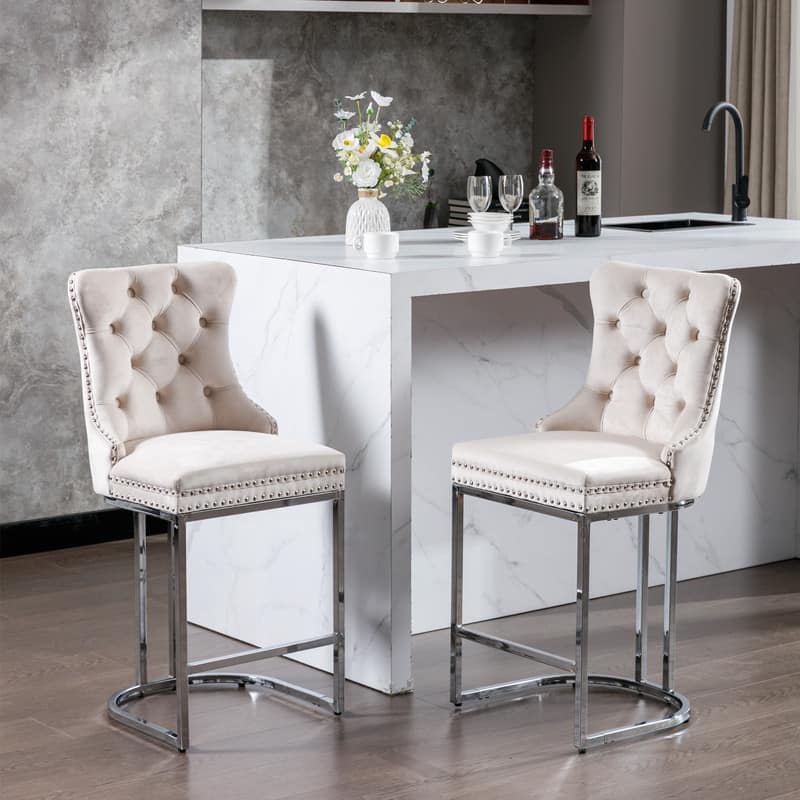 Photos - Chair S-Tools HTUTWOO - 25" Counter Height Bar Stools Set of 2, Velvet Upholstered with Button Back & Rivet Trim, for Kitchen Island & Hom 