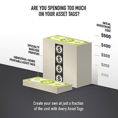ARE YOU SPENDING TOO MUCH ON YOUR ASSET TAGS?

SPECIALTY BARCODE PRINTERS
INDUSTRIAL-GRADE PRINTABLE ASSET TAGS

INITIAL INVESTMENT COST
$500
$400
$300
$200
$100

Create your own at just a fraction of the cost with Avery Asset Tags