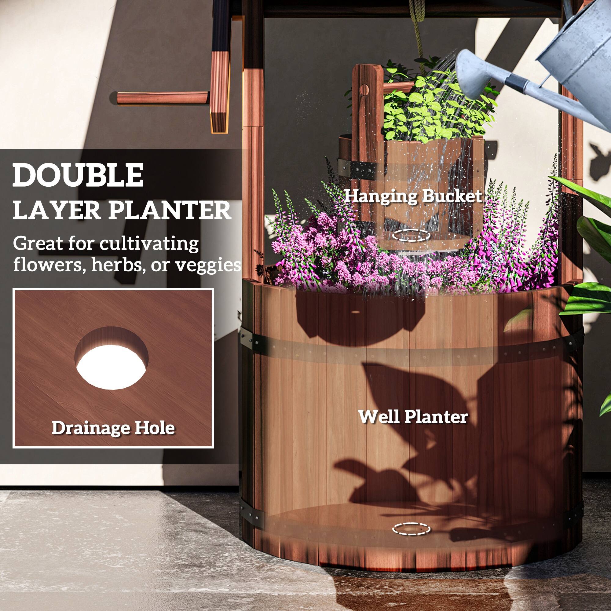 DOUBLE LAYER PLANTER  
Great for cultivating flowers, herbs, or veggies  

Hanging Bucket  
Drainage Hole  
Well Planter