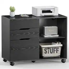 AENKYO - 3 Drawer Mobile Rolling Lateral File Cabinet For Home Office And Kids Room - Black