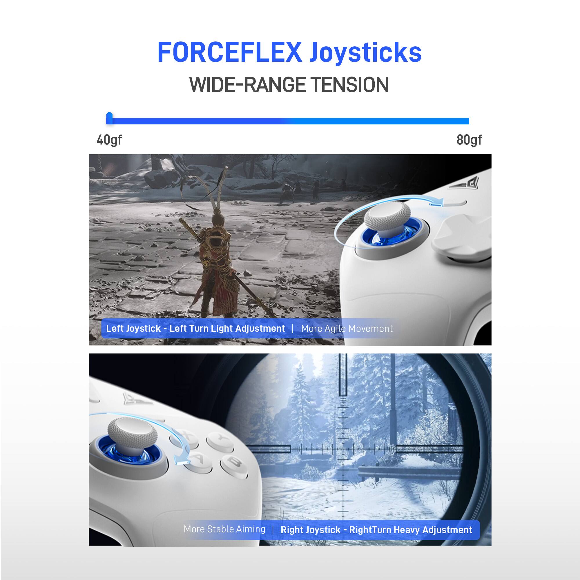 FORCEFLEX Joysticks  
WIDE-RANGE TENSION  

40gf  
Left Joystick - Left Turn Light Adjustment  
More Agile Movement  

80gf  
Right Joystick - Right Turn Heavy Adjustment  
More Stable Aiming