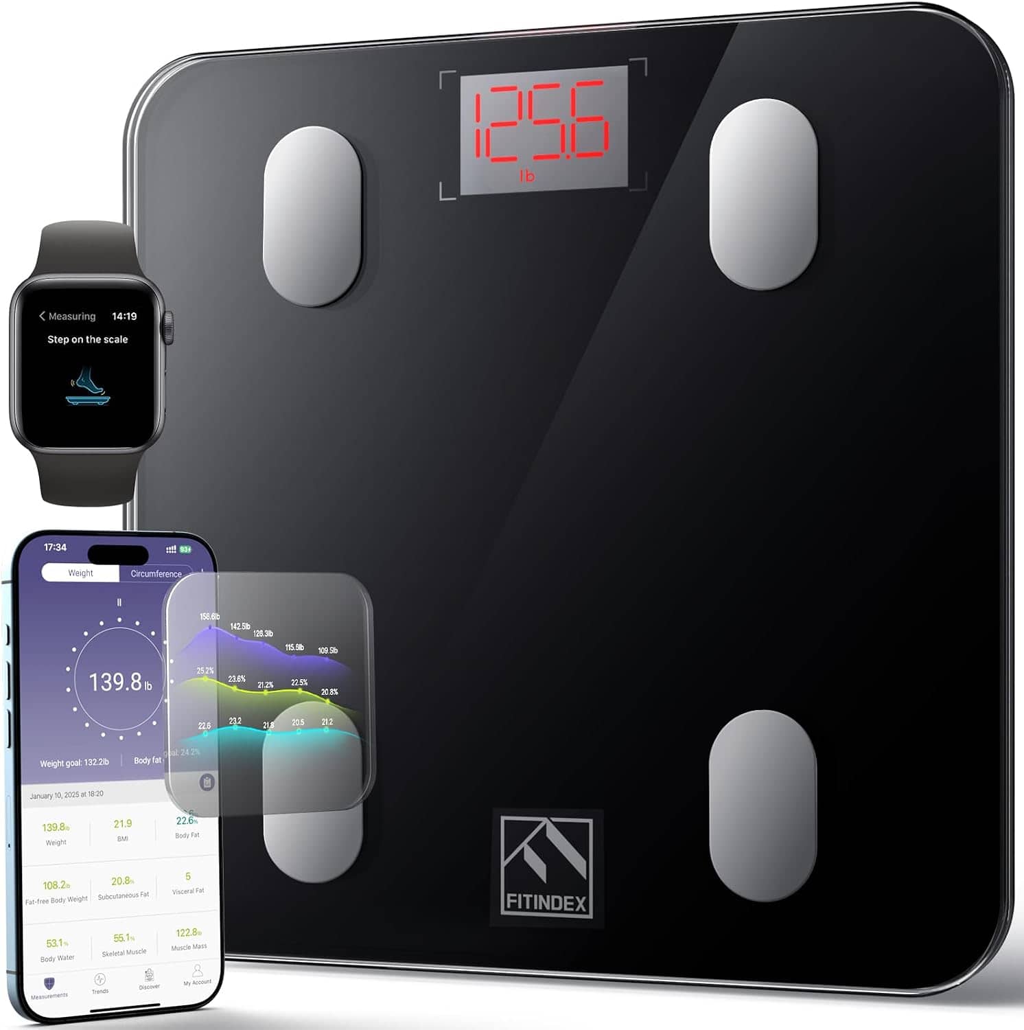 icoo lb

Measuring 14:19
Step on the scale

17:34
Weight
Circumference
158.5 142.5b 125.3b 115.5k
109.50
139.8
25.2%
23.6%
21.2%
22.5%
20.8%
22.5
233
3.8
23.5
202
Weight goal 132.2b
cal:24.2% Body fat
January 11, 2025 per 18:20
139.8 Weight
21.9 BM
22.6% BodyFat
108.2 20.8% Subcutaneous Fat
Fat-free Body Weight 55.1% 53.1% Buster Submics Basty Water
5 Visceral Fat 122.8m Made WUST
FITINDEX
Measurements
Spend
Clock
a Reskett
