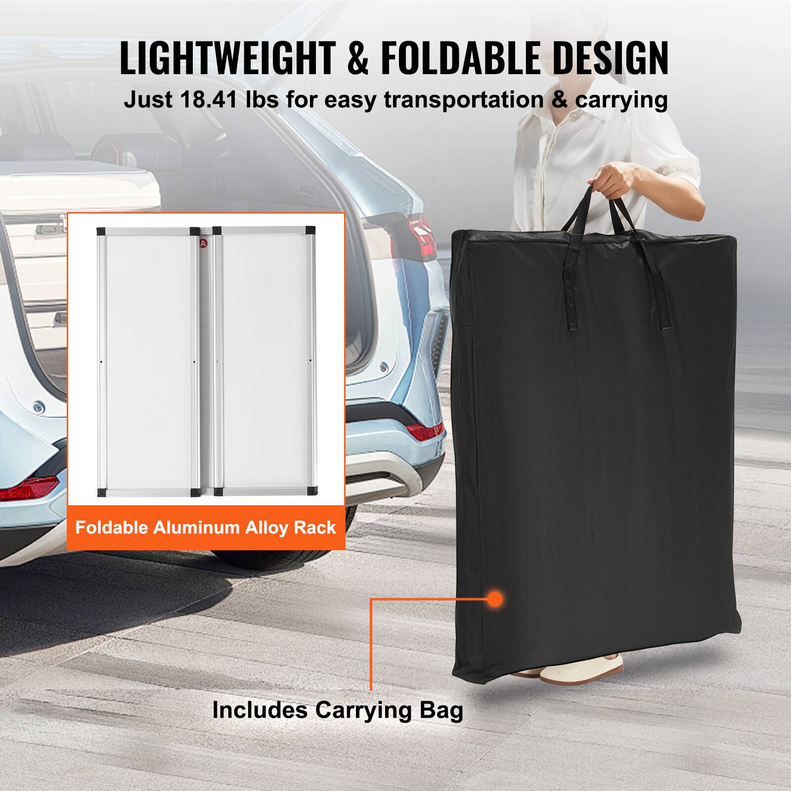 LIGHTWEIGHT & FOLDABLE DESIGN  
Just 18.41 lbs for easy transportation & carrying  

Foldable Aluminum Alloy Rack  

Includes Carrying Bag