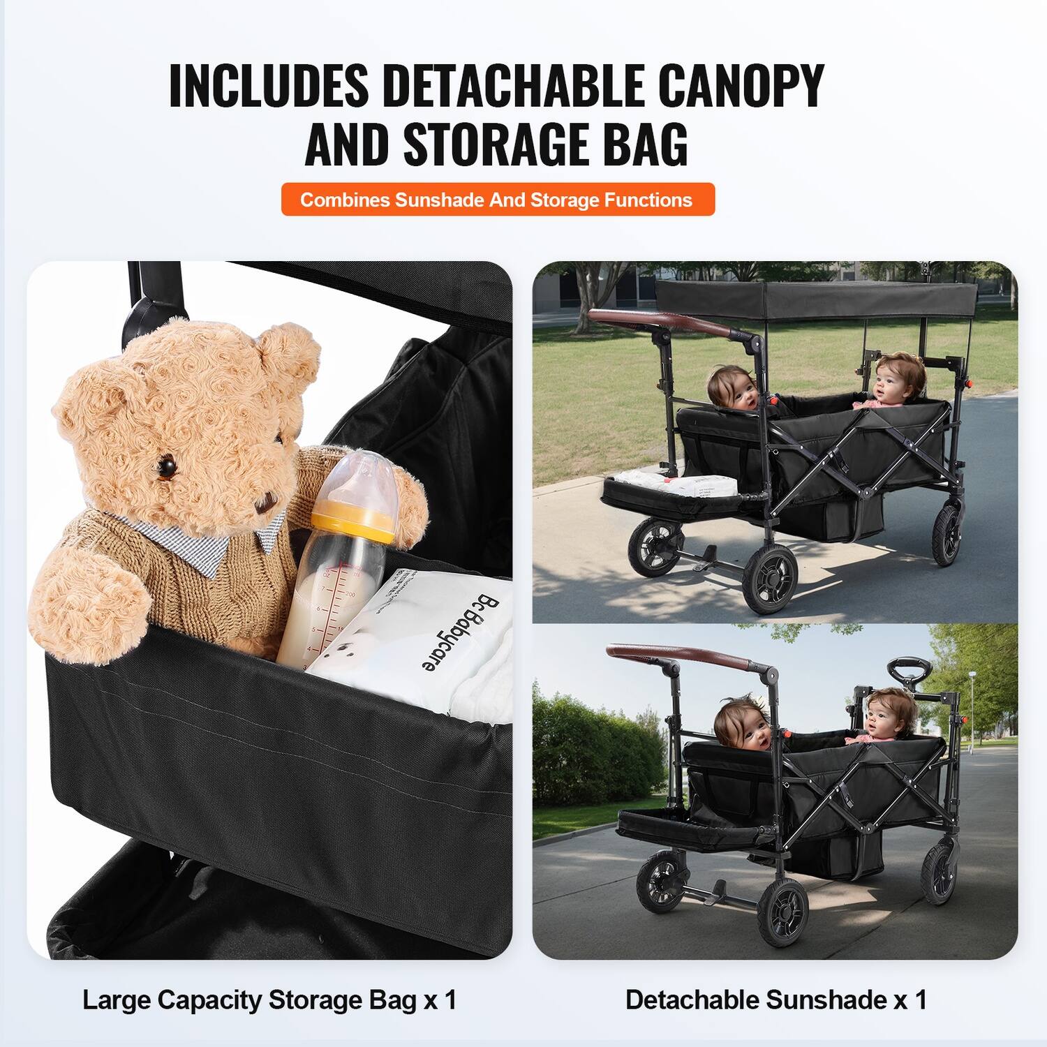 INCLUDES DETACHABLE CANOPY AND STORAGE BAG  
Combines Sunshade And Storage Functions  

- Large Capacity Storage Bag x 1  
- Detachable Sunshade x 1