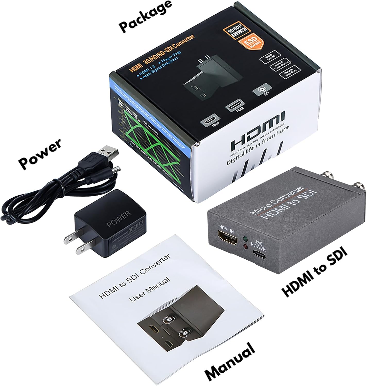 Package: 3G/HD/SDI Converter  
- HDMI 1.3  
- Auto Signal Detection  
- 1080P  
- ESD SuiS  
- Poe TMM  
- Valno Morasc  
- Power Supply  
- Manual  

Power: Included  

HDMI to SDI Converter  
- Micro HDMI to SDI  
- HDMI IN  
- USB POWER  

User Manual