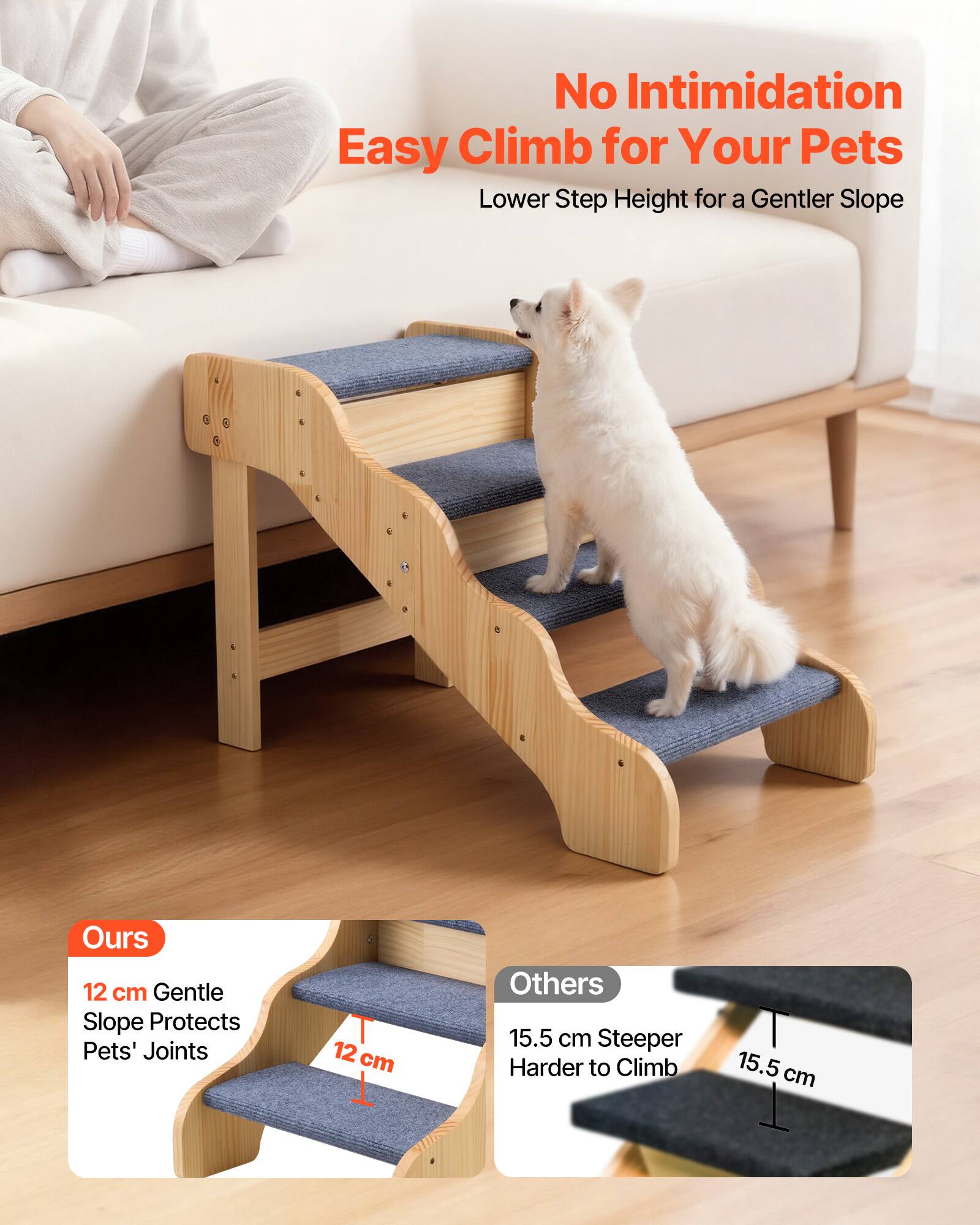 No Intimidation Easy Climb for Your Pets  
Lower Step Height for a Gentler Slope  

Ours: 12 cm Gentle Slope Protects Pets' Joints  
Others: 15.5 cm Steeper Harder to Climb