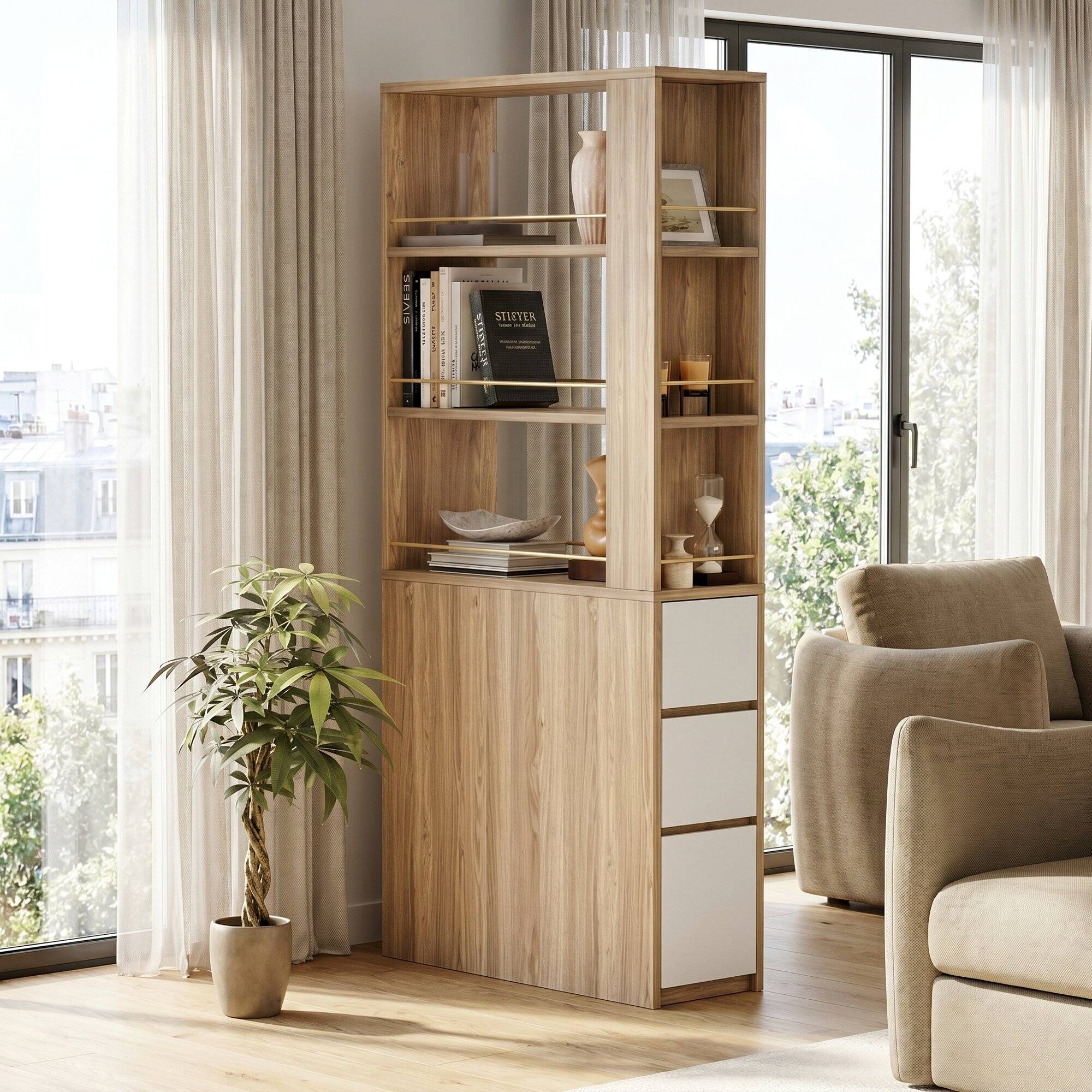 ModernMate - 71" Tall Corner Bookcase, Narrow Bookshelf with 3 Drawers, Slim Space-Saving - Light Walnut