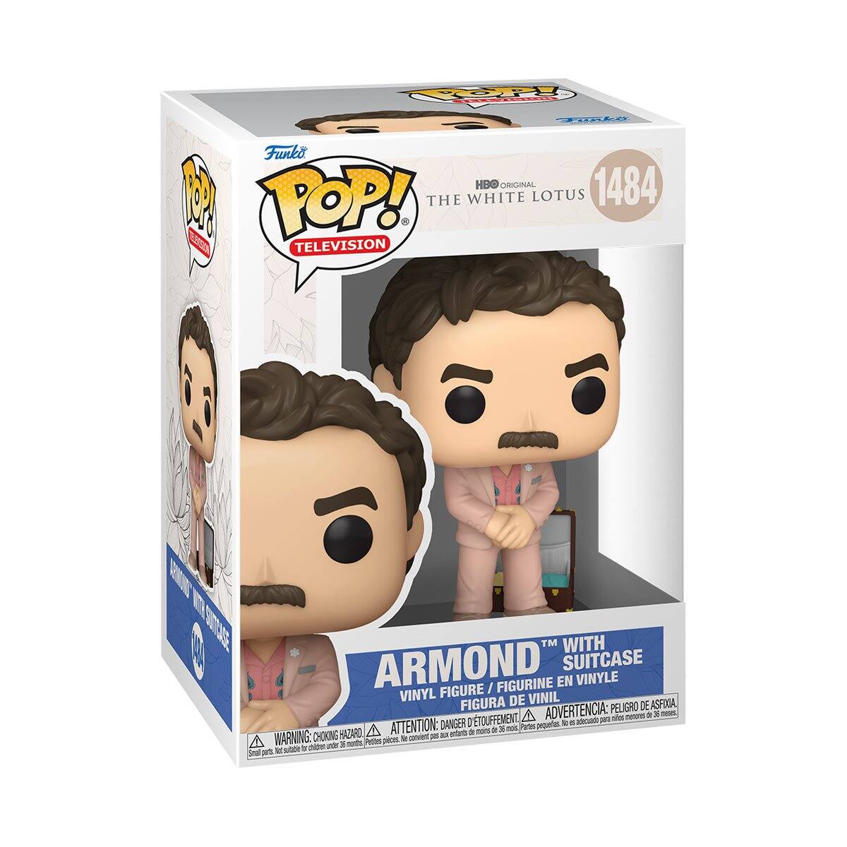 H FP OkS Funko HBO ORIGINAL 1484 THE WHITE LOTUS POP! TELEVISION TM WITH ARMOND SUITCASE FIGURINE EN VINYLE FIGURE / VINYL DE VINIL FIGURA ADVERTENCIA: PELIGRO DE ASFIXIA A -E n or 3 meo ATTENTION: DANGER D'TOUFFEMENT Partes pequelas 1 . au FIC A - no de 3 nos CHOKING HAZARO I a entants WARNING: Petftes pieces  convient ce under 3 months R stoe i Snal p