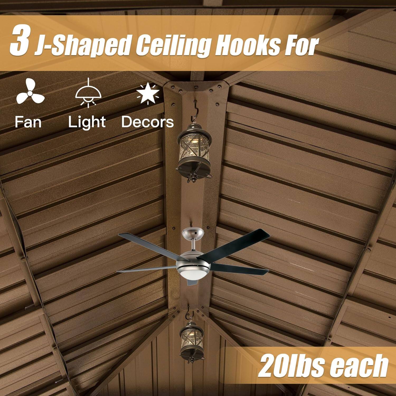 3 J-Shaped Ceiling Hooks For  
Fan Light Decors  
20lbs each