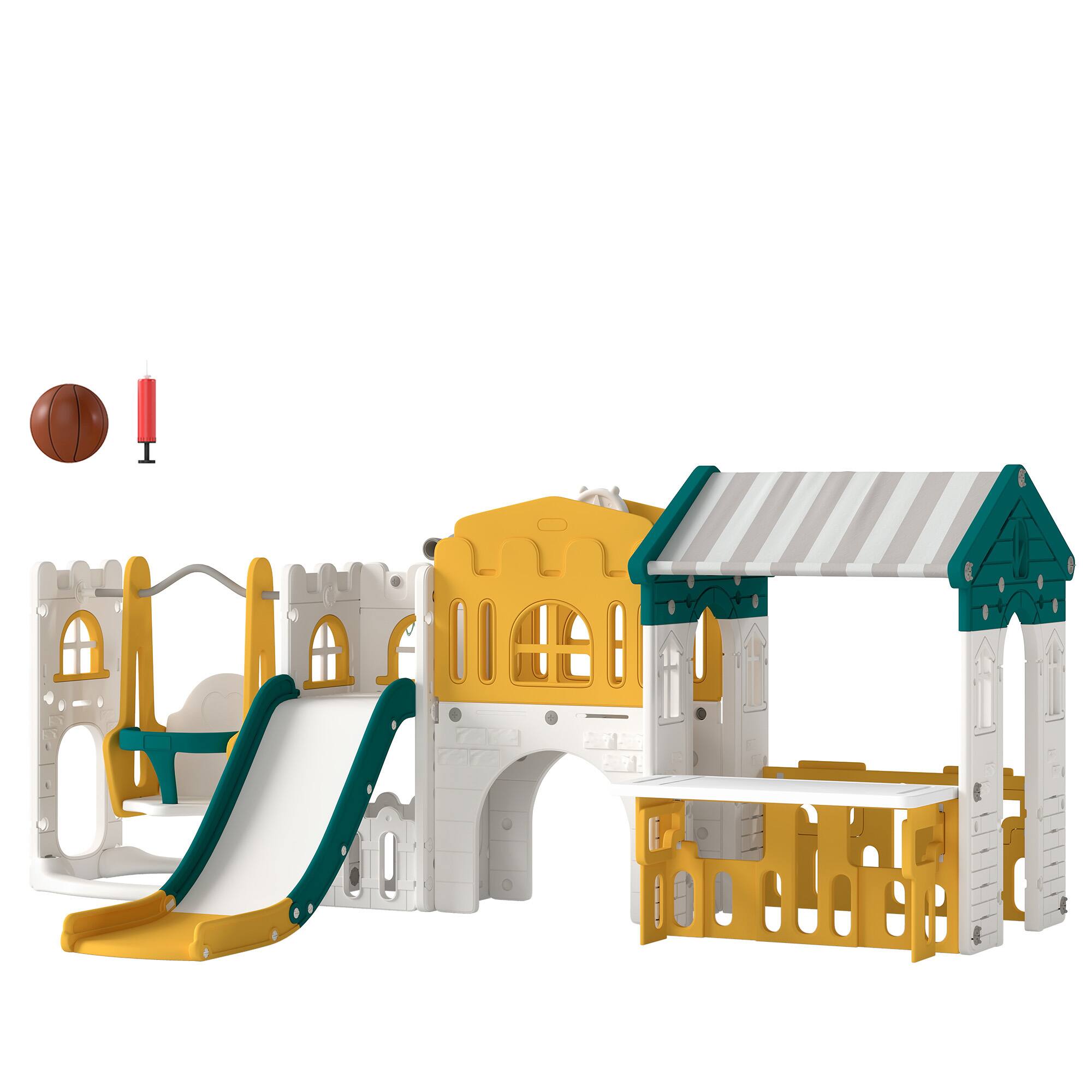 Front. Qaba - in 1 Toddler Slide and Swing Set w/ Playhouse - Yellow.