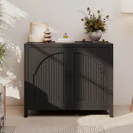 Bestier - 60" Curved Fluted TV Stand, Double Door Media Console with Adjustable Shelves & Cable Management for Living Room - Black Grained