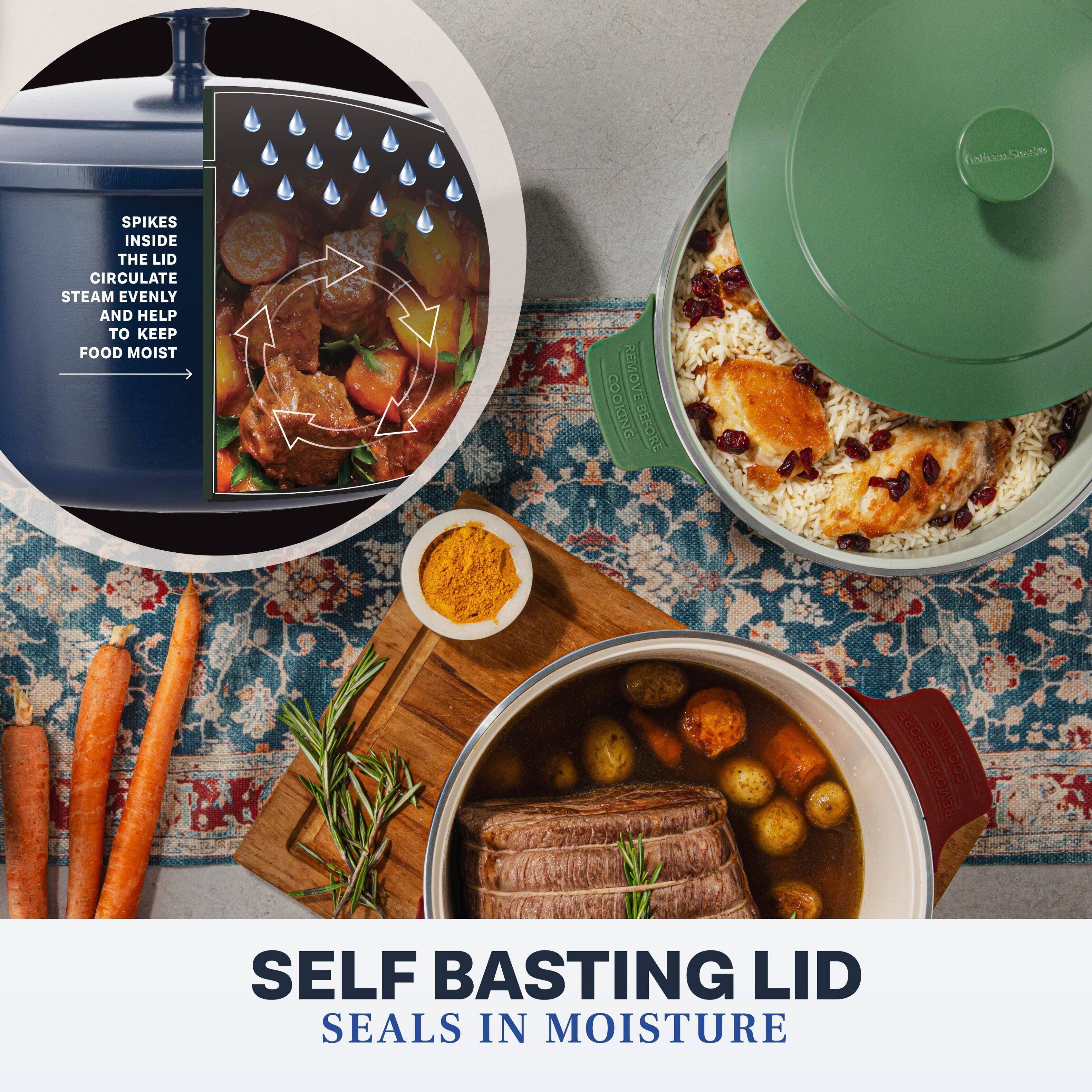 SPIKES INSIDE THE LID CIRCULATE STEAM EVENLY AND HELP TO KEEP FOOD MOIST

SELF BASTING LID
SEALS IN MOISTURE