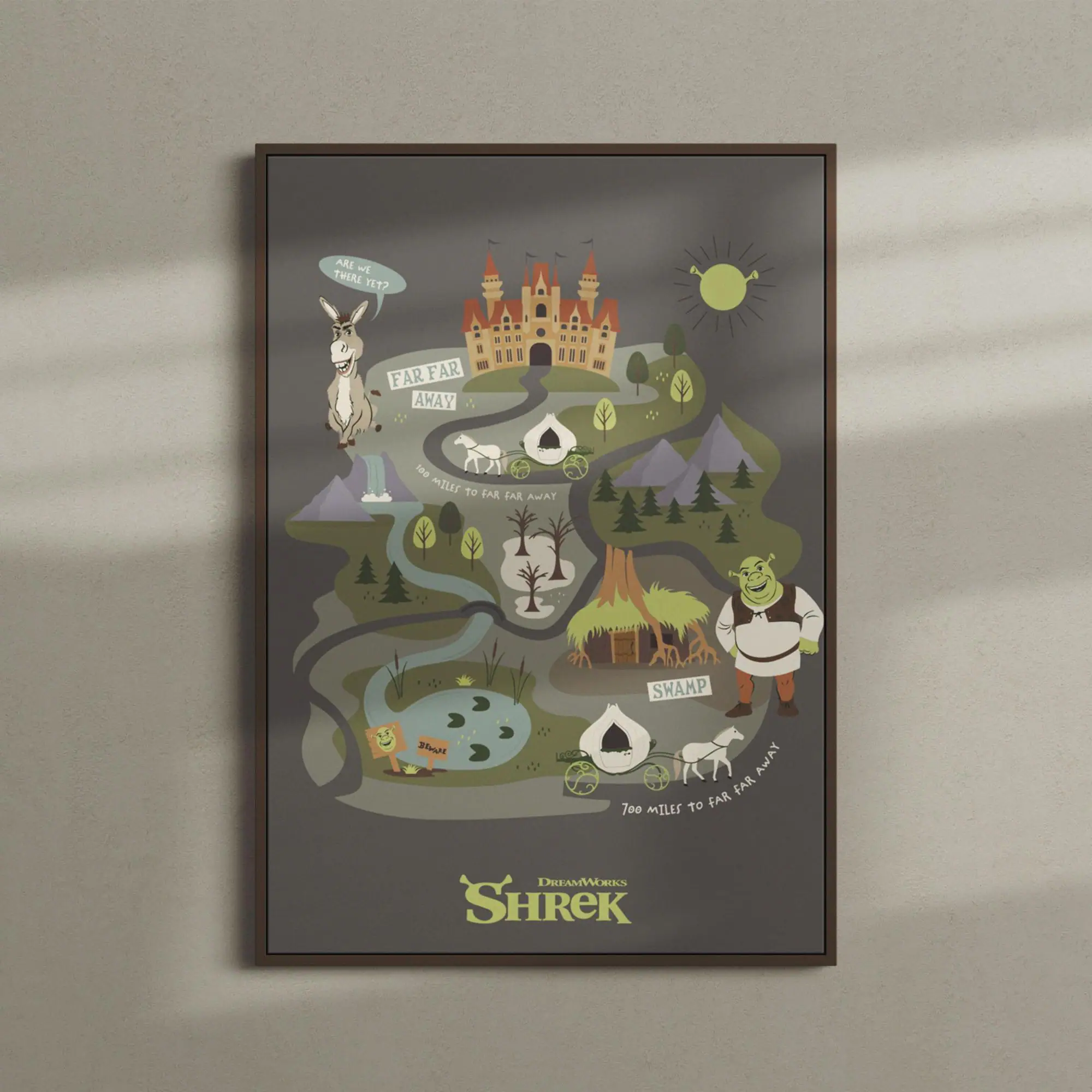 ARE WE THERE YET?  
FAR FAR AWAY  
100 MILES TO FAR FAR AWAY  
SWAMP  
700 MILES TO FAR FAR AWAY  
DREAMWORKS SHREK