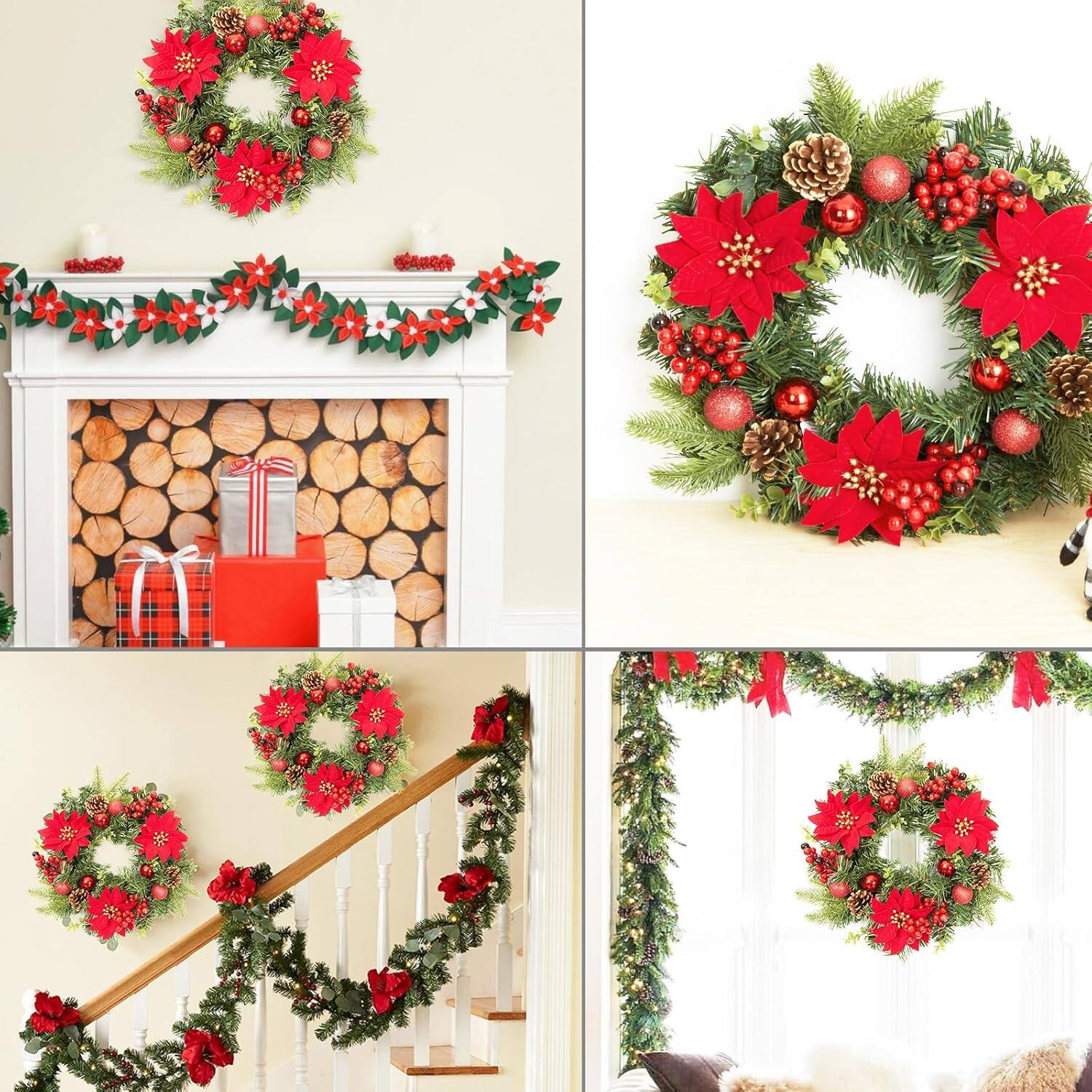Alt View 4. Jojoka - 16-in Red Green Christmas Wreath for Indoor Outdoor Holiday Decorations - Green.