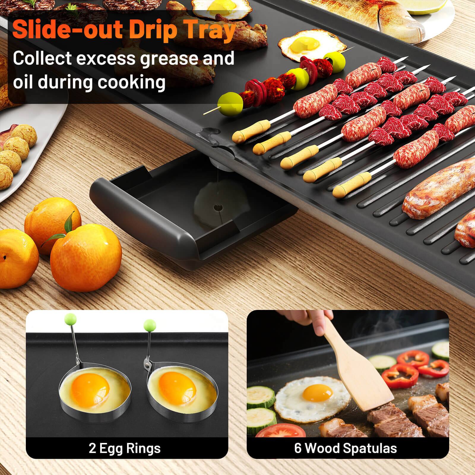 Slide-out Drip Tray, 2 Egg Rings, 6 Wood Spatulas