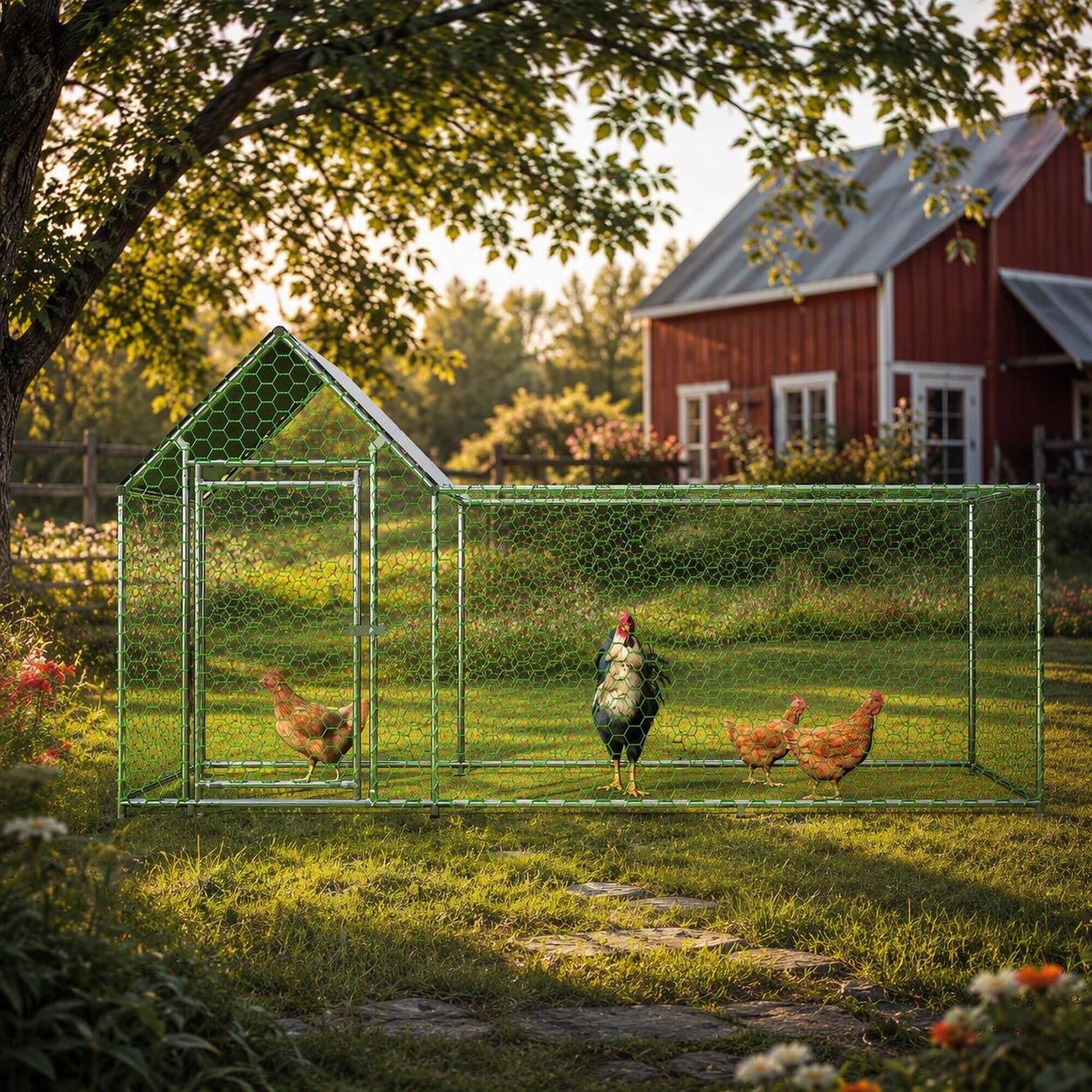 Back. RYHNUYNE - 10x3FT Metal Chicken Coop Run, Walk-in Poultry Cage with Waterproof Cover, Durable Steel Frame for Backyard Hens.