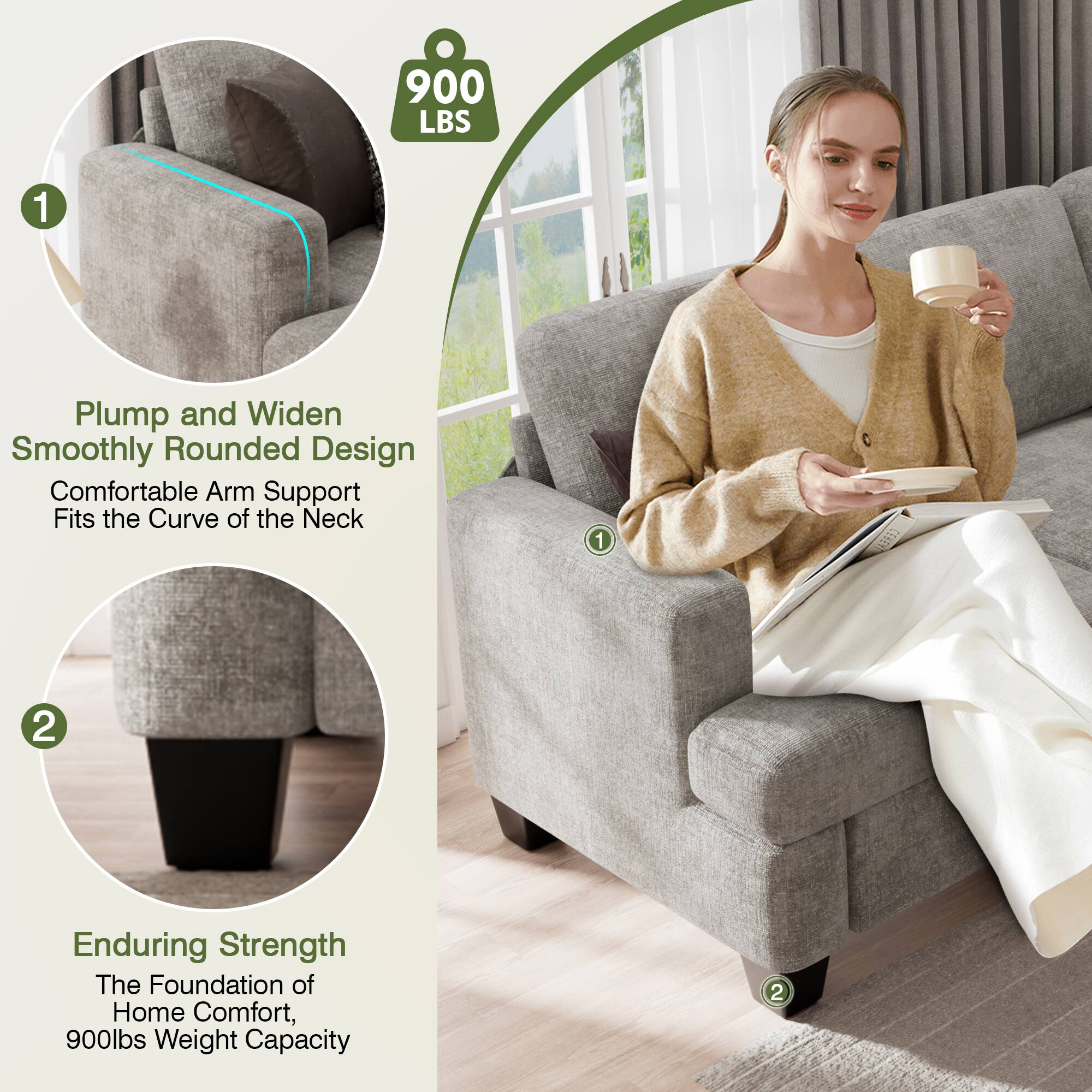 900 LBS, 1 Plump and Widen Smoothly Rounded Design, Comfortable Arm Support, Fits the Curve of the Neck, 1, 2 Enduring Strength, The Foundation of Home Comfort, 900lbs Weight Capacity, 2