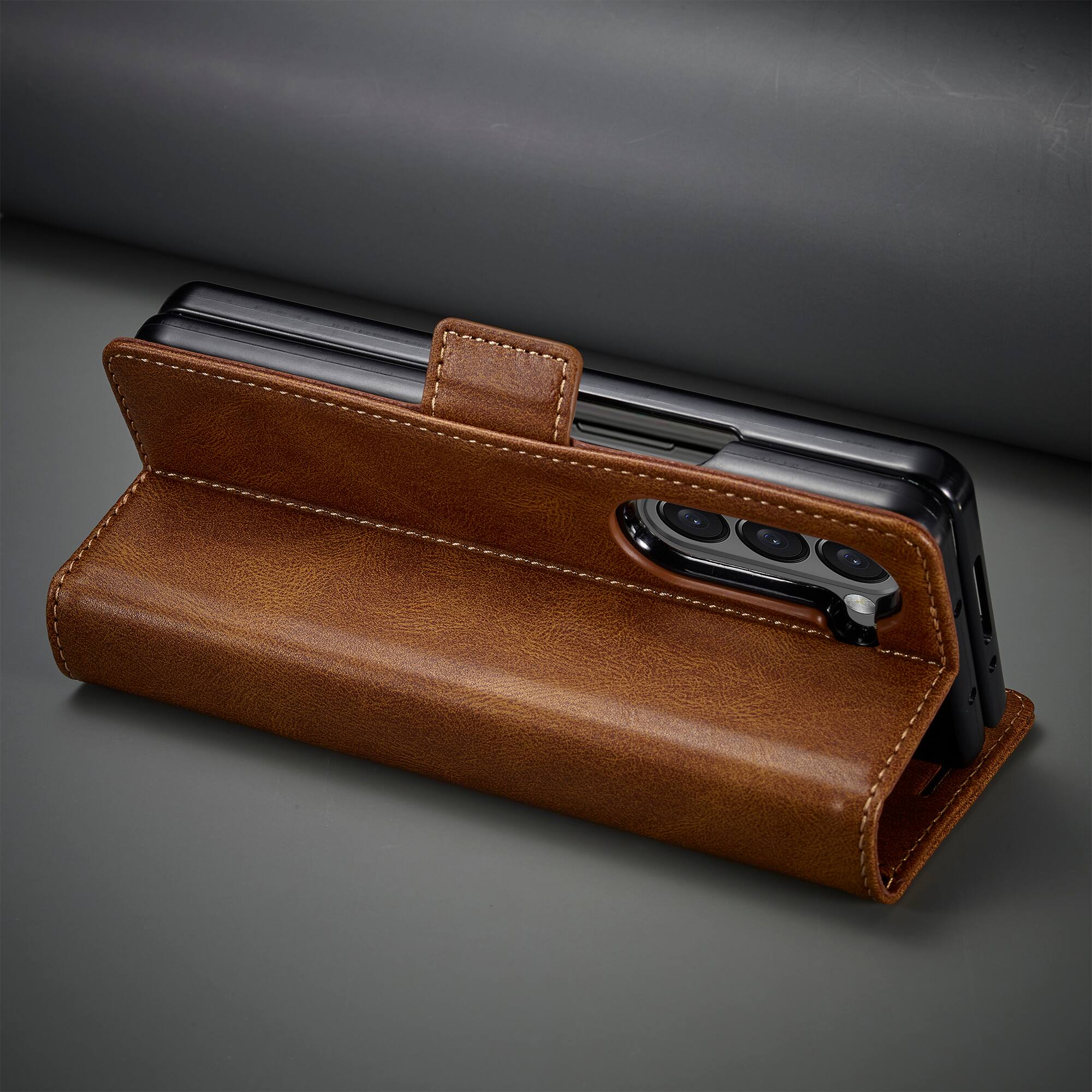 Alt View 4. Dteck - Wallet Case for Samsung Galaxy Z Fold 7, Magnetic PU Leather RFID Blocking Card Slots Kickstand Shockproof Cover - Brown.