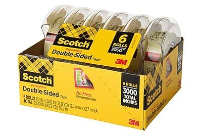 Scotch Permanent Double-Sided Tape  
6 Rolls  
3000" Total  
1/2" x 500" per roll (13.8 YD)  
12.7 mm x 127 mm per roll  
3000" Total (83.3 YD) 76.2 m  
No Mess Compared to Glue  
3M