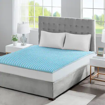 Front. TinyHomie - All Season Reversible Hypoallergenic 1.5in Cooling Mattress Topper - Blue.