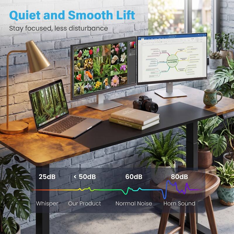 Quiet and Smooth Lift  
Stay focused, less disturbance  

Environmental Neteatutry  
Quiet Nature's Workspaces  

25dB < 50dB 60dB 80dB  
Whisper Our Product Normal Noise Horn Sound