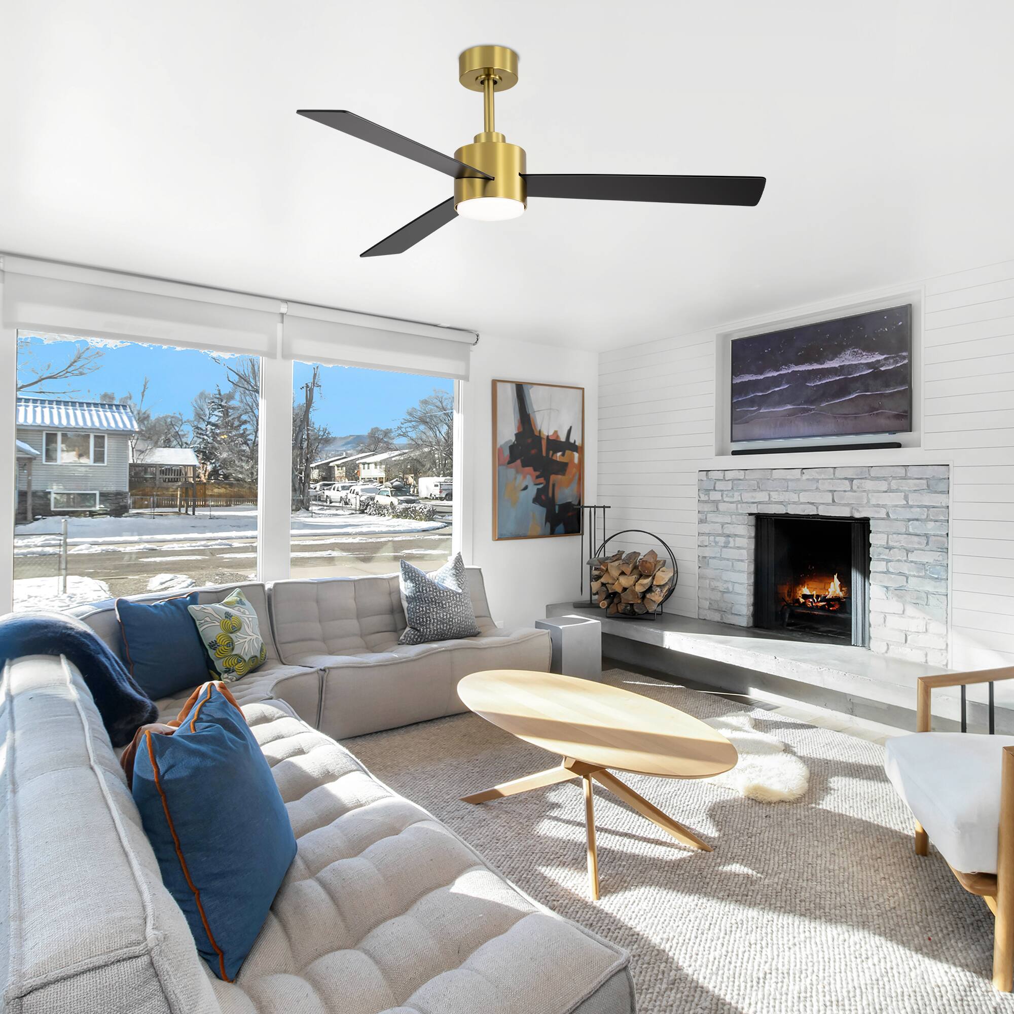 Alt View 1. Breezary - 52" Indoor Ceiling Fan, 3 Plywood Blades, 6-Speed DC Motor, Remote & Timer, 5" & 10" Downrods, LED Light/No Light Option - Gold and Black (With Light).