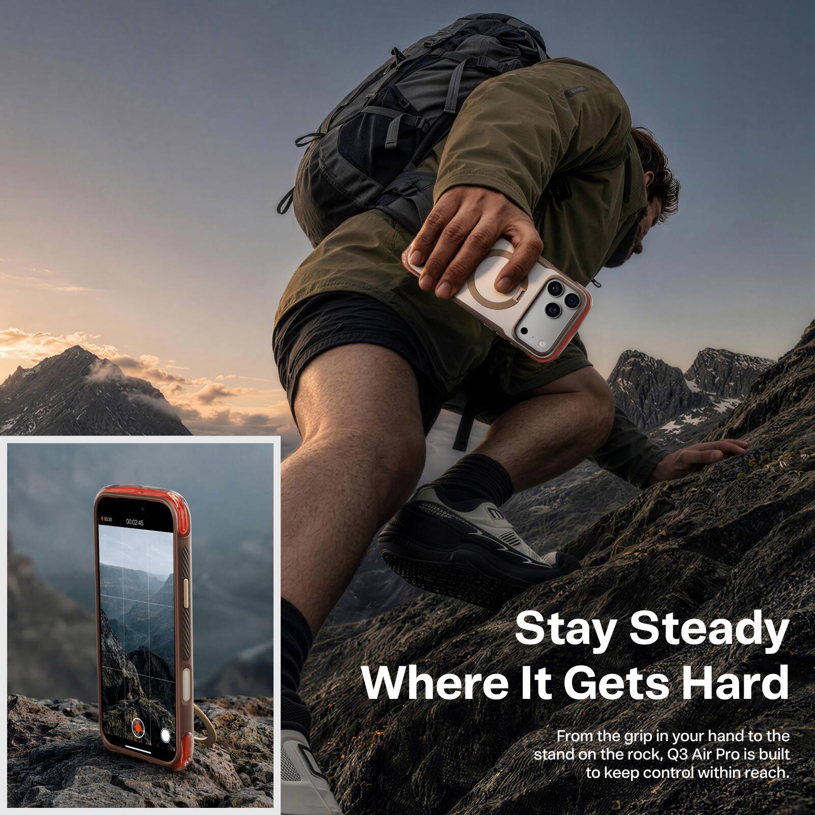 Stay Steady Where It Gets Hard

From the grip in your hand to the stand on the rock, Q3 Air Pro is built to keep control within reach.