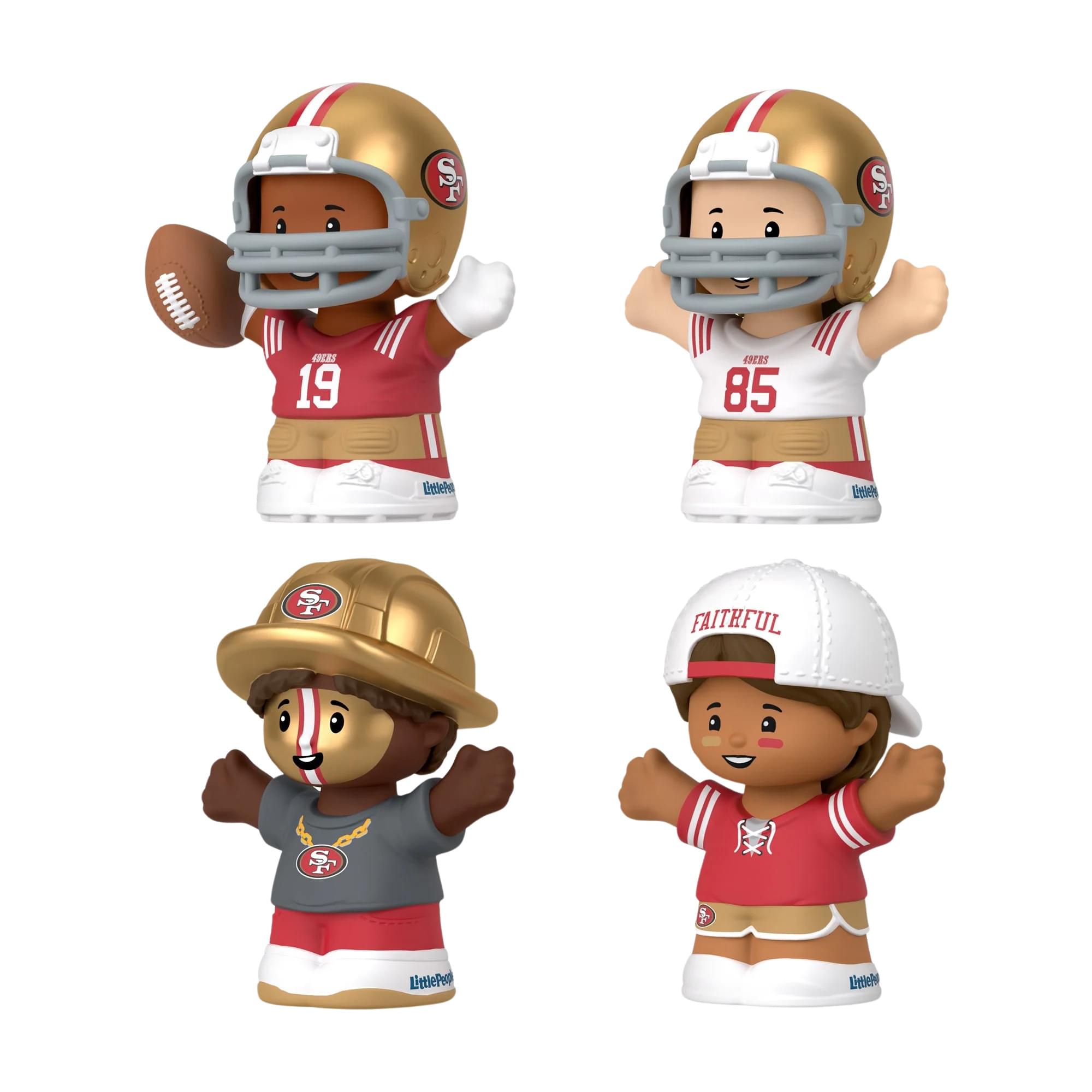 Sure, here is the corrected and grouped text from the image:

1. **Top Left Figure:**
   - "49ERS 19"
   - "LittlePeople"

2. **Top Right Figure:**
   - "49ERS 85"
   - "LittlePeople"

3. **Bottom Left Figure:**
   - "LittlePeople"

4. **Bottom Right Figure:**
   - "FAITHFUL"
   - "LittlePeople"