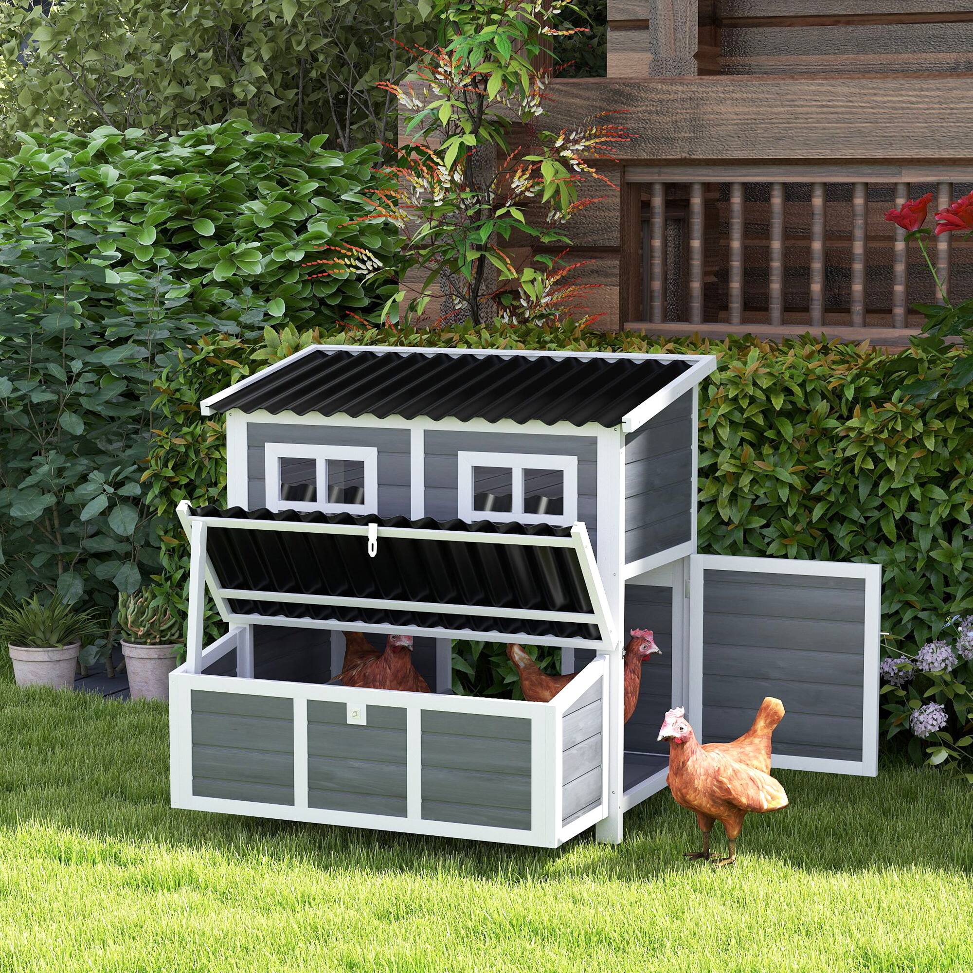 Angle. Pawhut - 39" Light Gray Wooden Chicken Coop, Outdoor Poultry Cage with Nesting Box, Pull-Out Tray, Waterproof Roof.