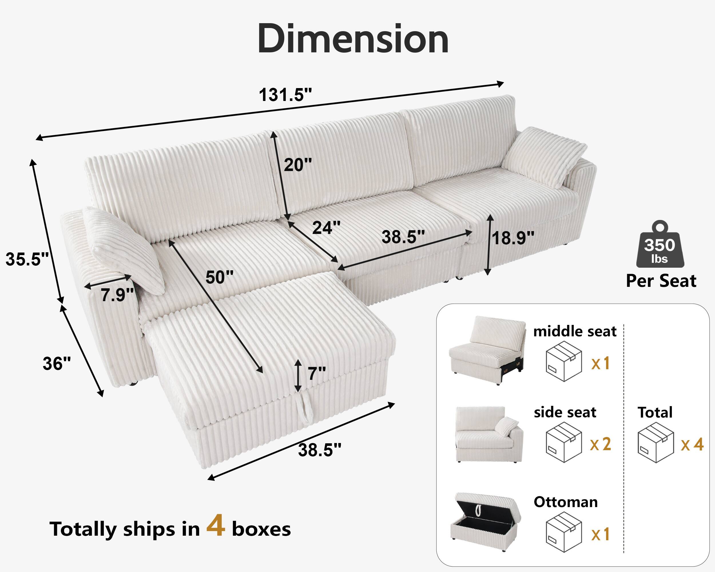 Dimension  
131.5" x 20" x 35.5" x 7.9" x 50" x 24" x 38.5" x 18.9"  
350 lbs Per Seat  
36" x 7" middle seat x1 side seat x2  
Totally ships in 4 boxes  
Ottoman x1