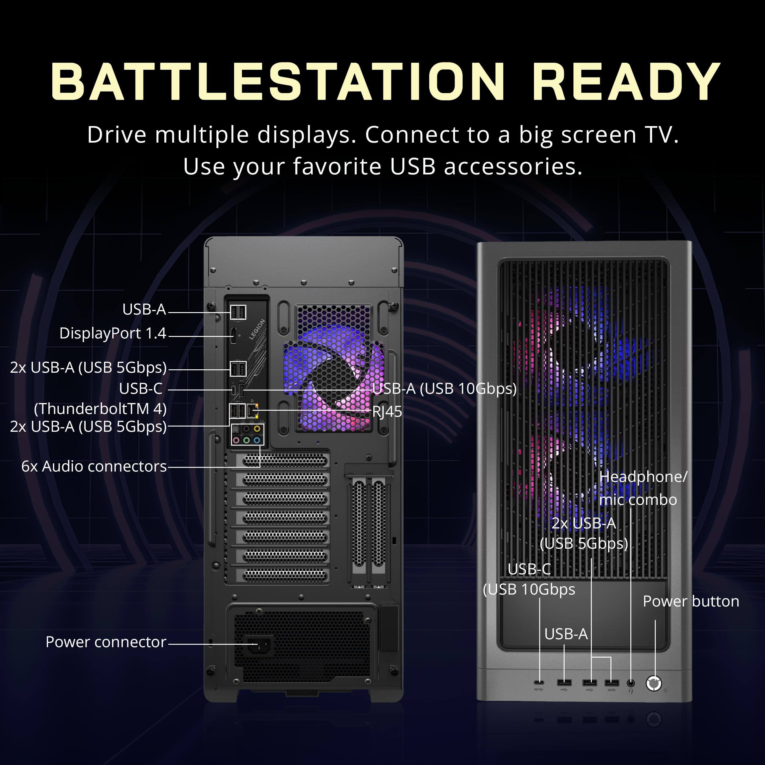 BATTLESTATION READY  
Drive multiple displays. Connect to a big screen TV. Use your favorite USB accessories.  

USB-A  
DisplayPort 1.4  
2x USB-A (USB 5Gbps)  
USB-C (Thunderbolt™ 4)  
2x USB-A (USB 5Gbps)  
LEGION USB-A (USB 10Gbps)  
RJ45  
6x Audio connectors  
Headphone/ mic combo  
2X USB-A (USB 5Gbps)  
USB-C (USB 10Gbps)  
Power button  
Power connector  
USB-A
