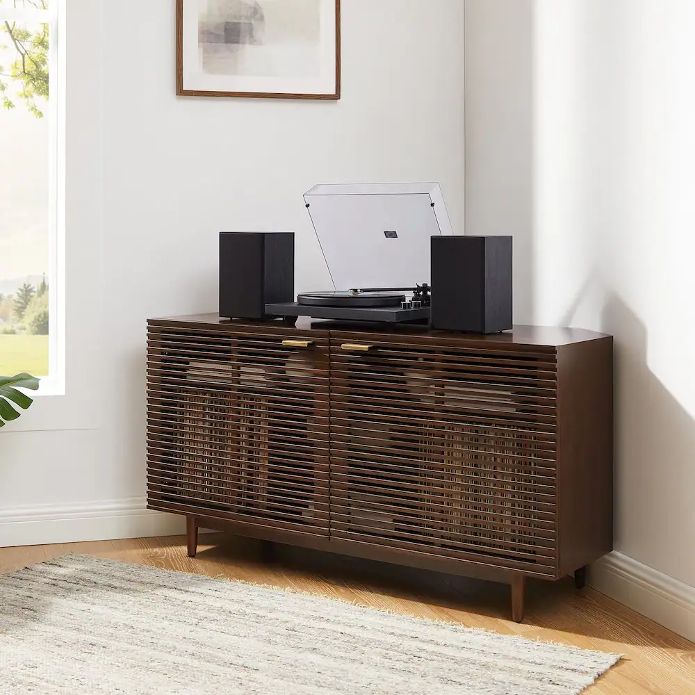 Alt View 1. Crosley Furniture - Cameron Corner Record Player Cabinet With Vinyl Storage - Brown.