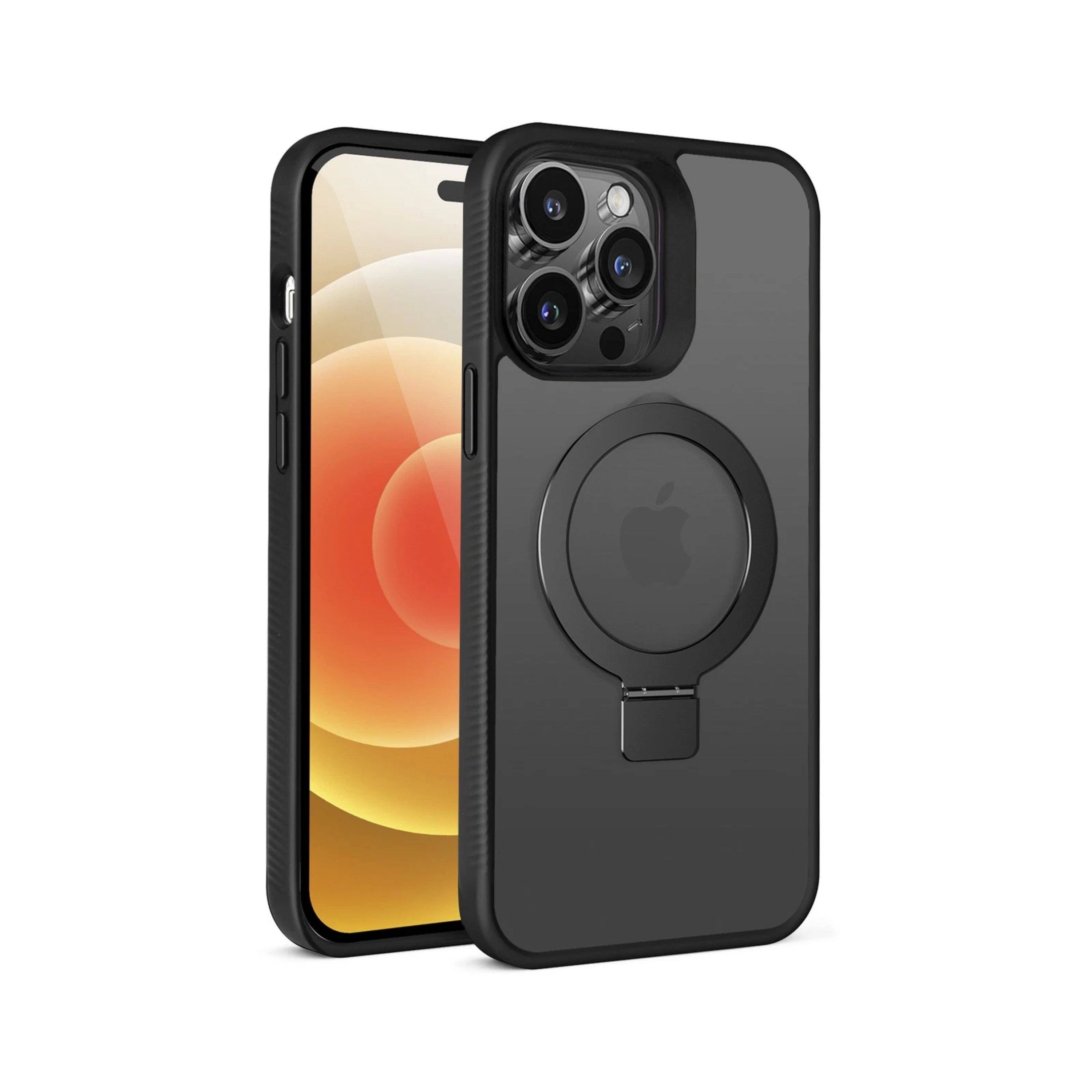Front. Kitcheniva - Soft Touch Magnetic Charging Stand Phone Case With 2 Tempered Glass For iPhone 15 Plus - Black.