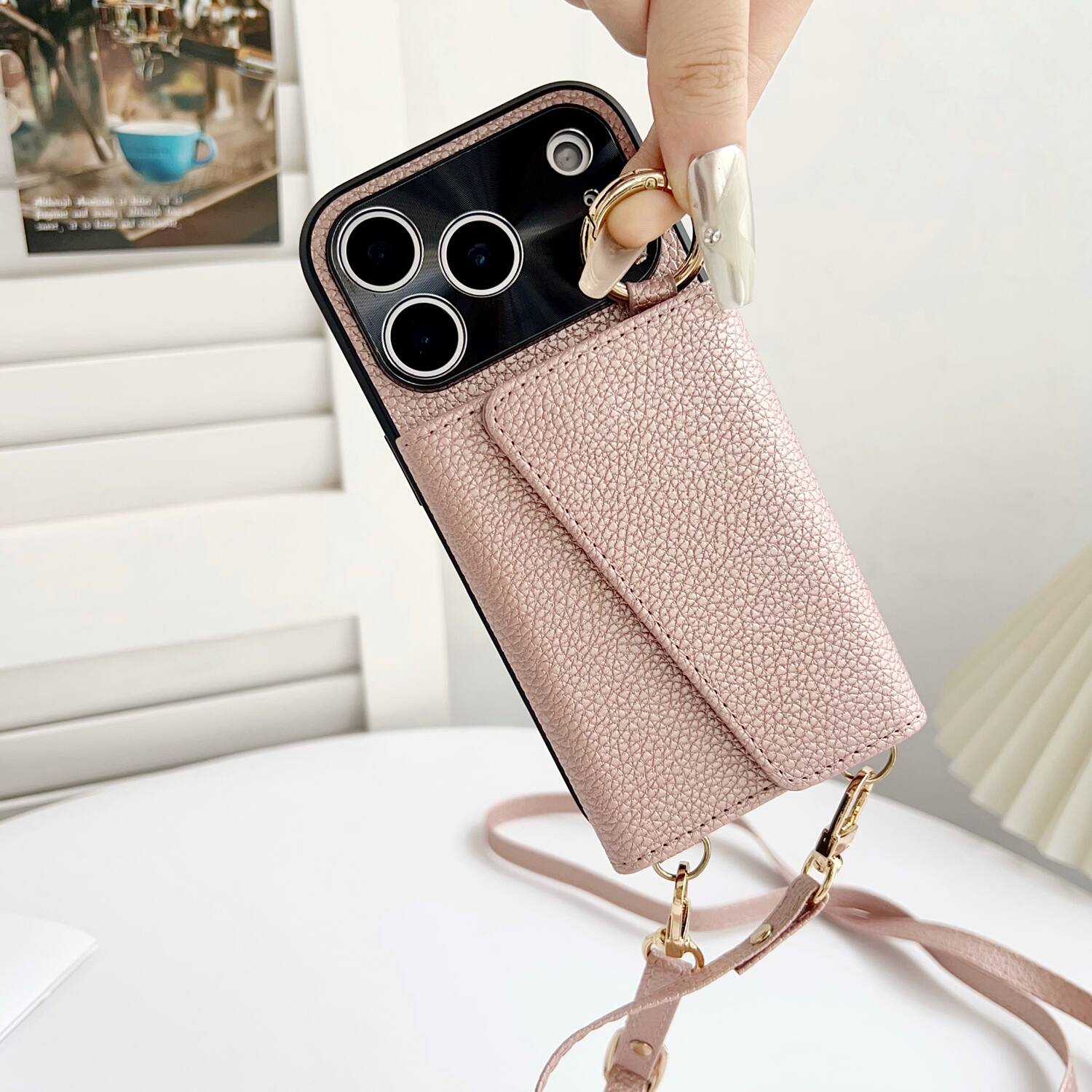 Alt View 1. Dteck - Crossbody Wallet Case for Apple iPhone 17 Pro,with Makeup Mirror and Card Holder,Premium Faux Leather Texture Cover - Blue.