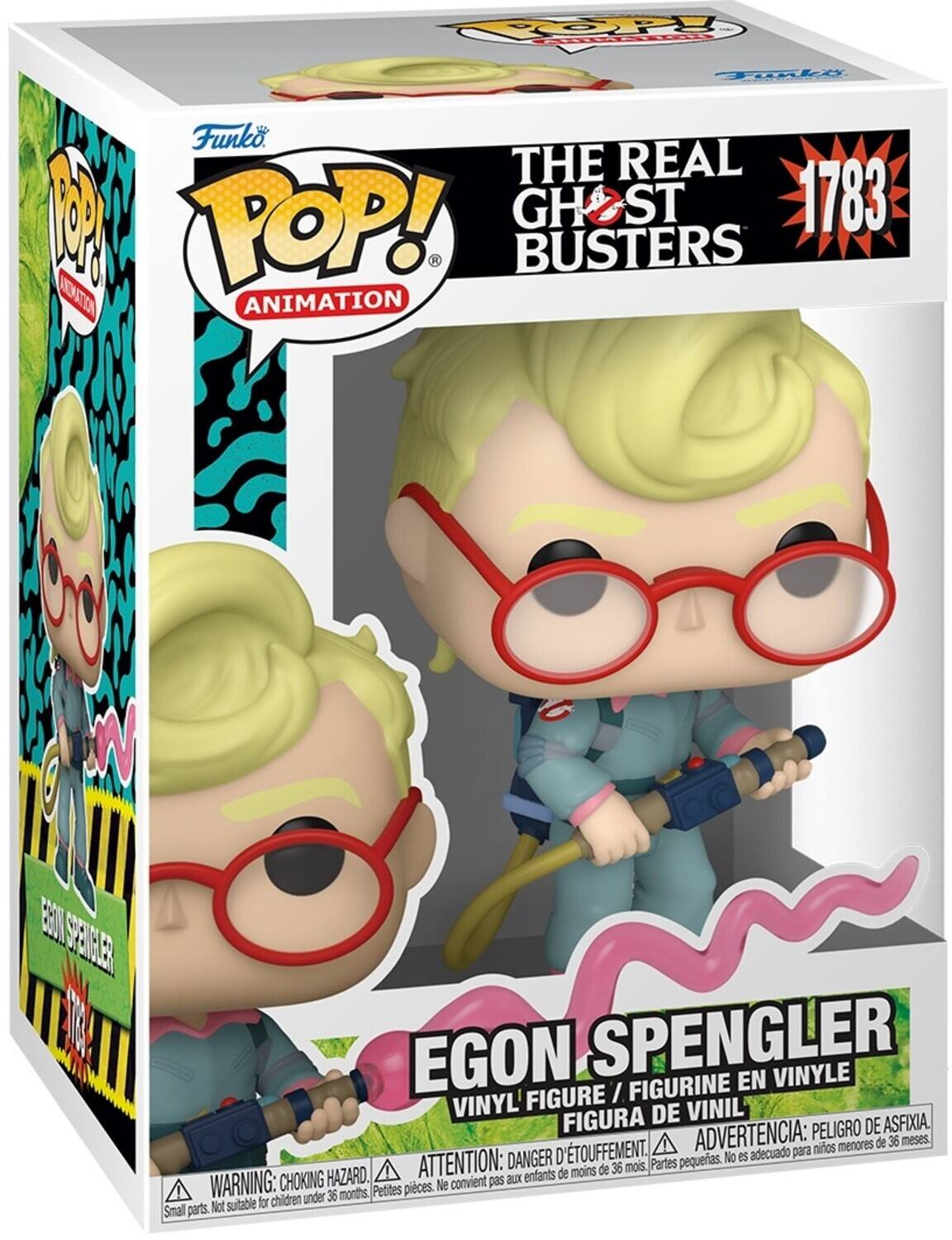 The text can be grouped as follows:

**Brand and Series:**
- Funko
- POP! Animation

**Series Number:**
- 1783

**Character:**
- Egon Spengler

**Warning:**
- Choking Hazard
- Petite pieces. Not suitable for children under 36 months.
- Parts pequenas. Não convêm para crianças menores de 36 meses.
- Peligro de asfixia. Advertencia: para niños menores de 36 meses.
- Danger d'étouffement. Attention: aux enfants de moins de 36 mois.

**Product Type:**
- Vinyl Figure / Figurine en Vinyle / Figura de Vinil
