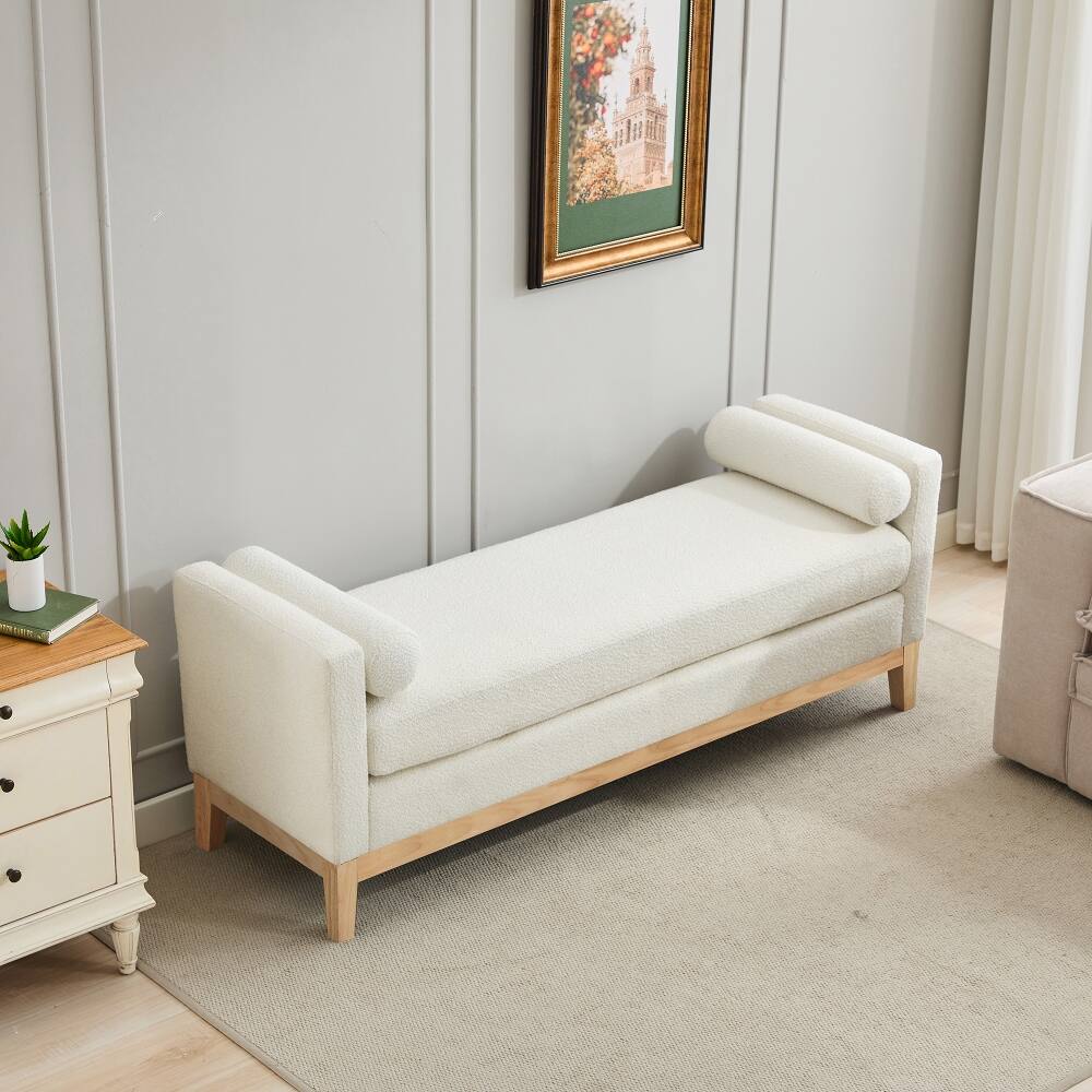 Back. Ropilly - Ropilly Ivory Boucle End of Bed Bench Upholstered Entryway Daybed with Natural Wood Frame and Bolster Pillows - Ivory.