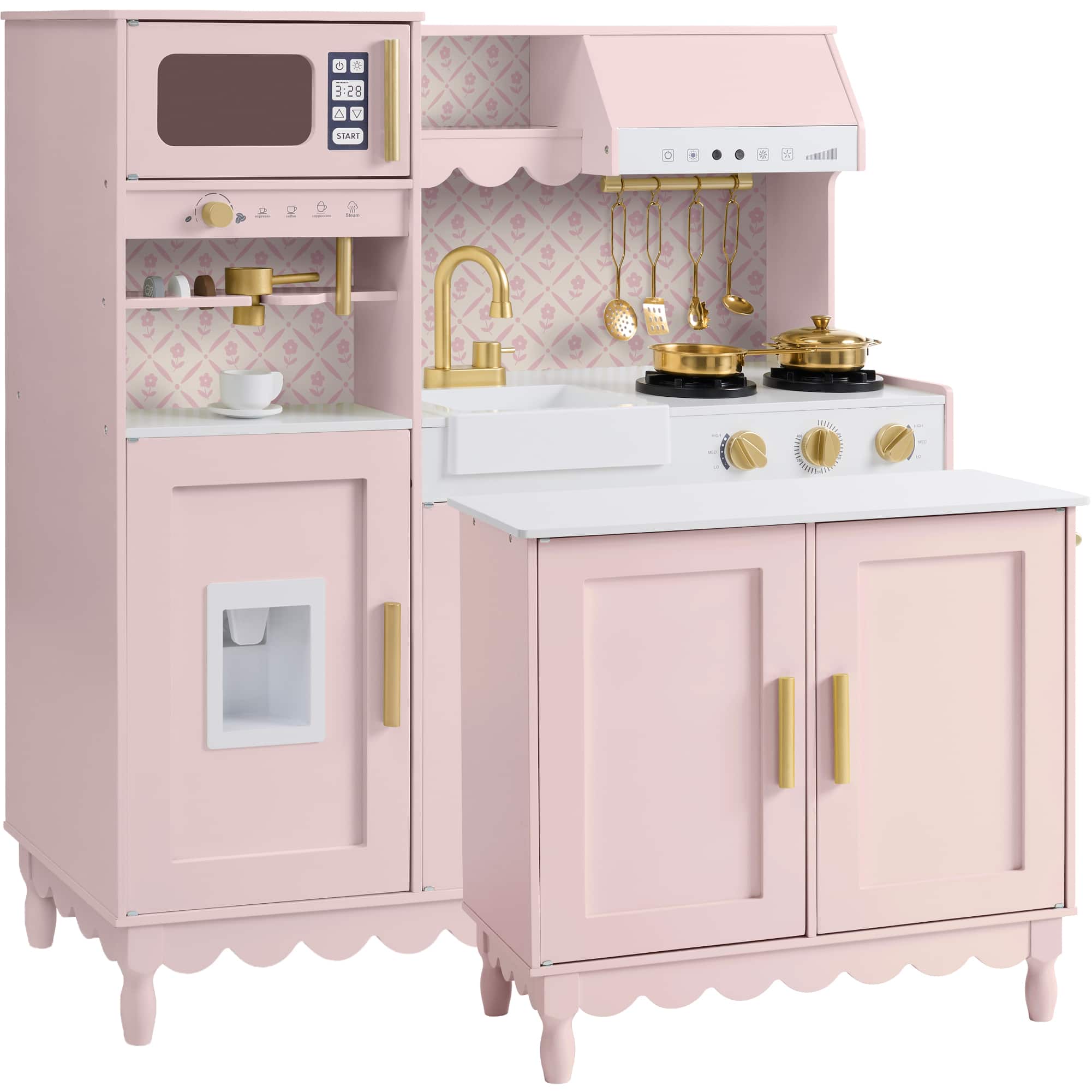 Best Choice Products - Kids Play Kitchen Set w/ Espresso Machine, Ice Maker, Storage Island & Accessories - Pink Cottage